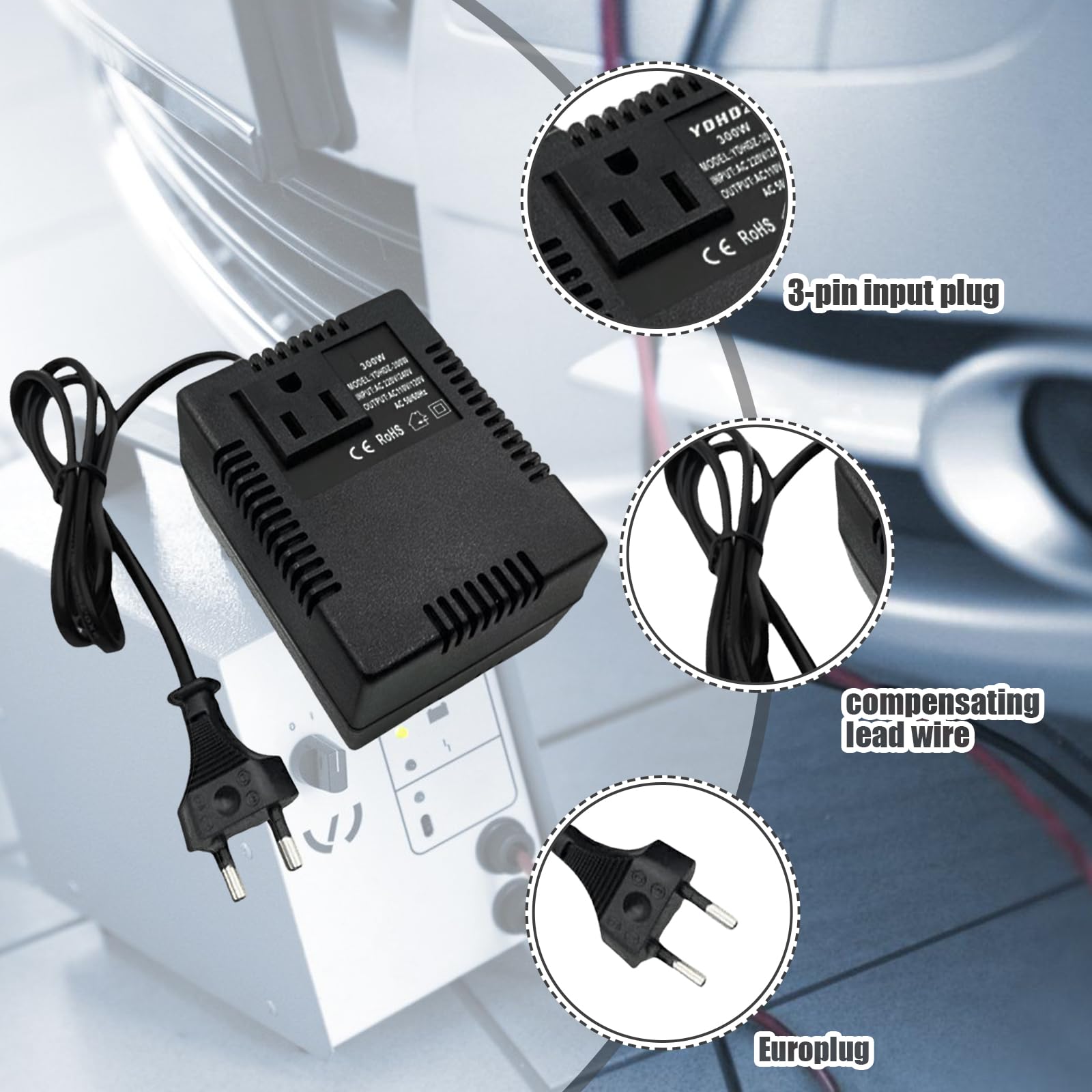 Convertisseur de Tension 220V vers 110V 300W, Transformateur de Puissance Abaisseur Adaptateur de Voyage pour Appareils Électroniques, Ordinateurs, Purificateurs d’Air, Caméras et Plus