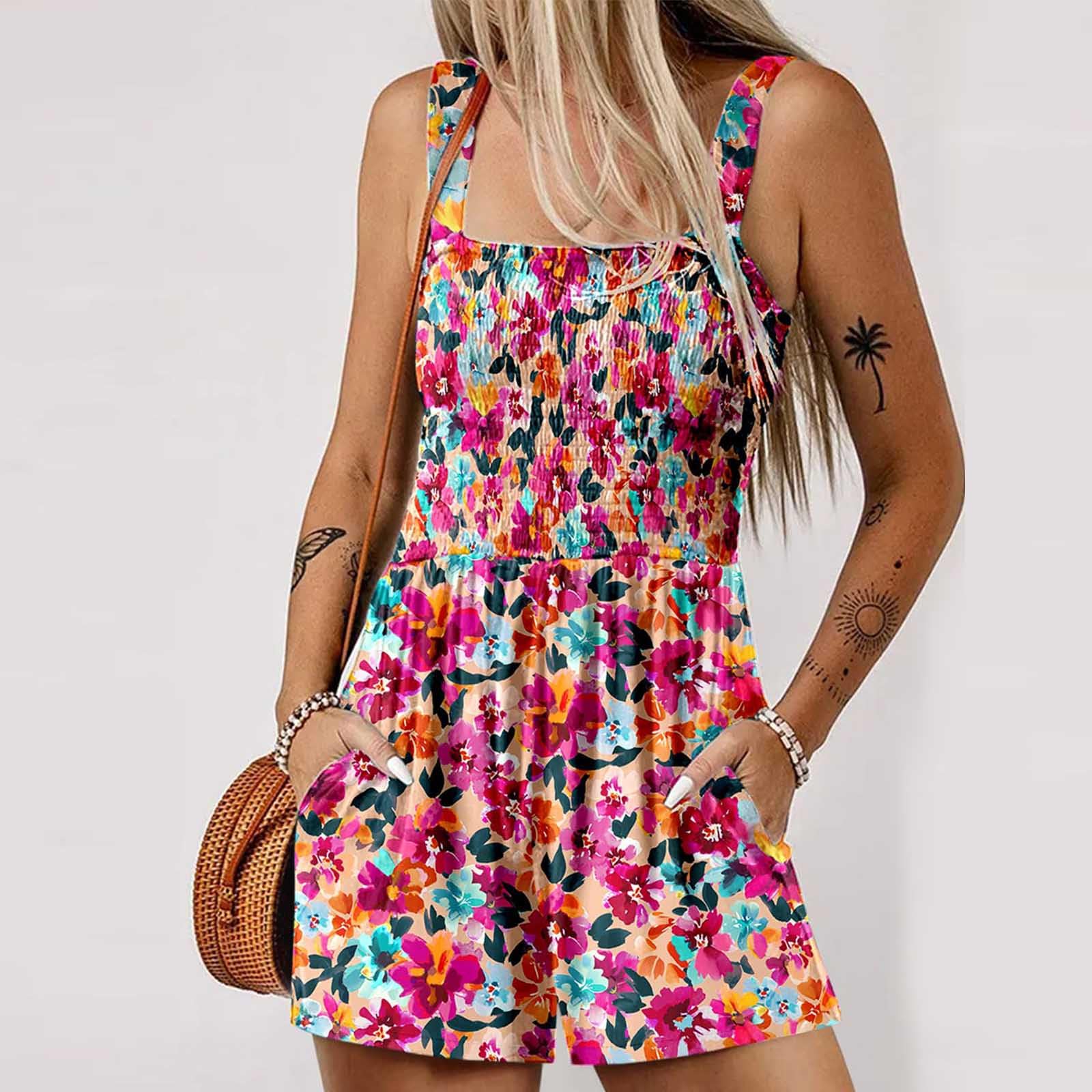 Mono Mujer Verano,Mono Corto para Mujer Peto Corto para Mujer de Una Pieza Sin Mangas Corto con Tirantes Monos de Vestir Mujer Mono de Verano con Estampados de Flores Informal Traje de Pantalón