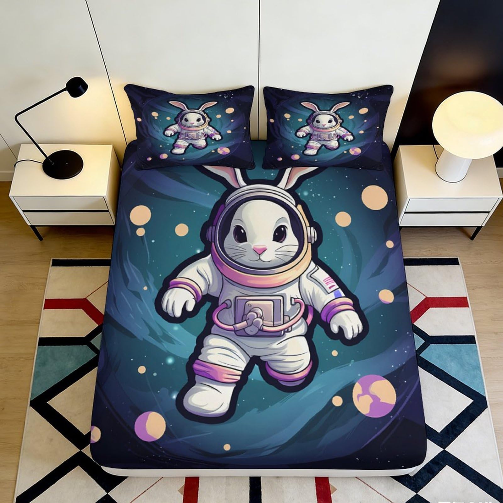 3D Printed Astronaut Bunny Fitted Sheet Microfiber Soft Space Planet Bed Cover for Bedroom Dorm Mattress Decor 90x200x25cm