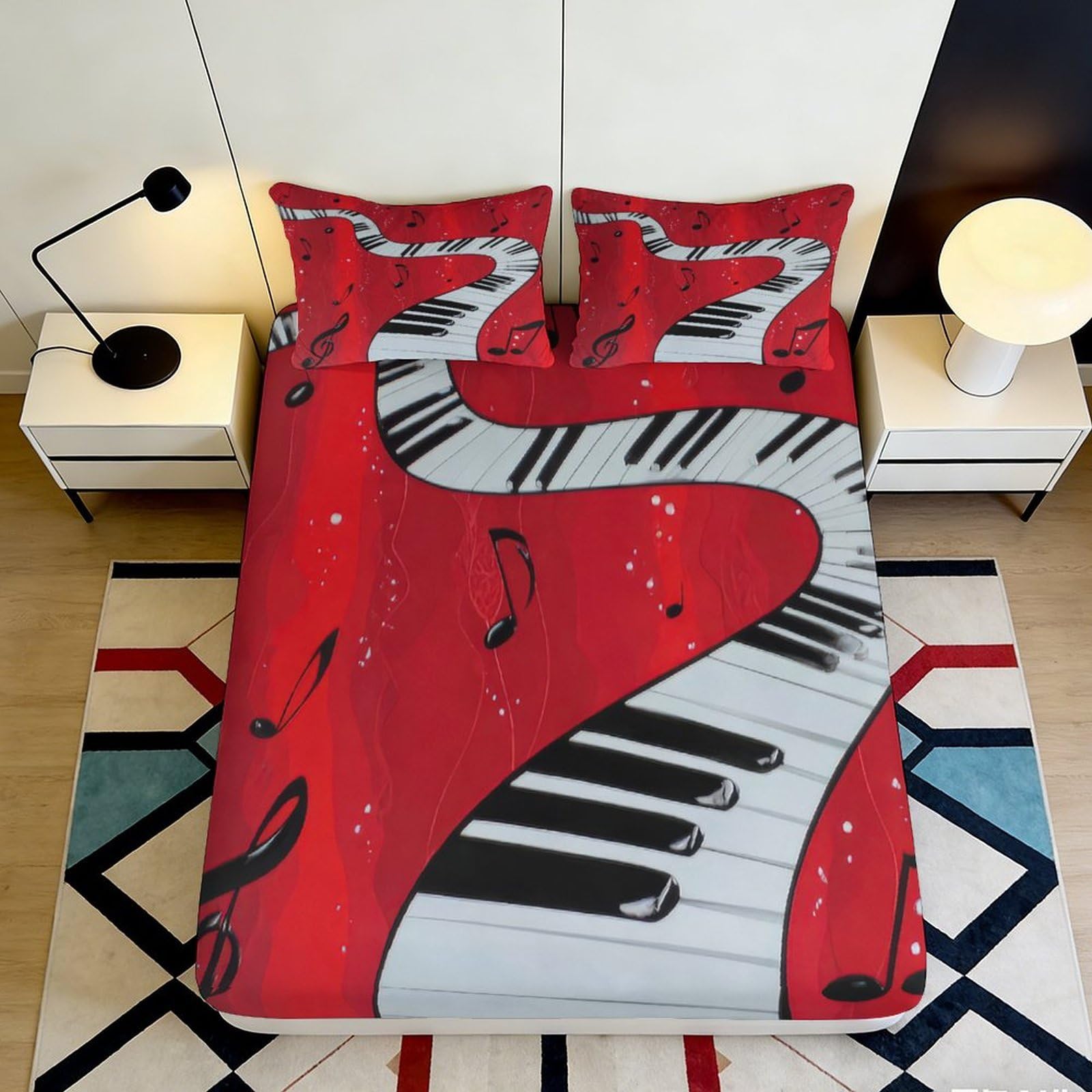 3D Printed Red Piano Fitted Sheet Microfiber Soft Musical Notes Bed Sheet for Bedroom Dorm Mattress Decor 90x200x25cm