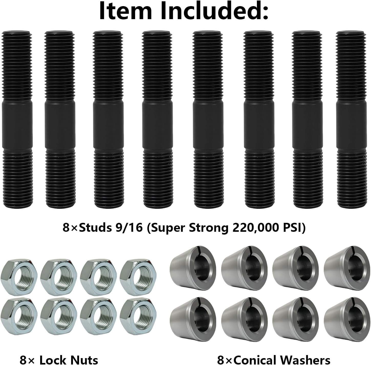 8 Pack 9/16 Stud and Conical Washer for Dana 44 Compatible with Jeep, Ford, Dodge, Steering Arm Install Kit