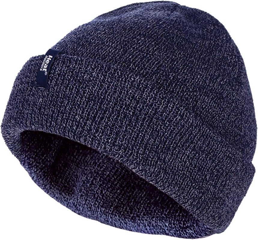 HEAT HOLDERS - Mens 3.6 tog Fleece Lined Thermal Turn Over Cuff Winter Beanie Hat 3 Colours, Navy, One Size