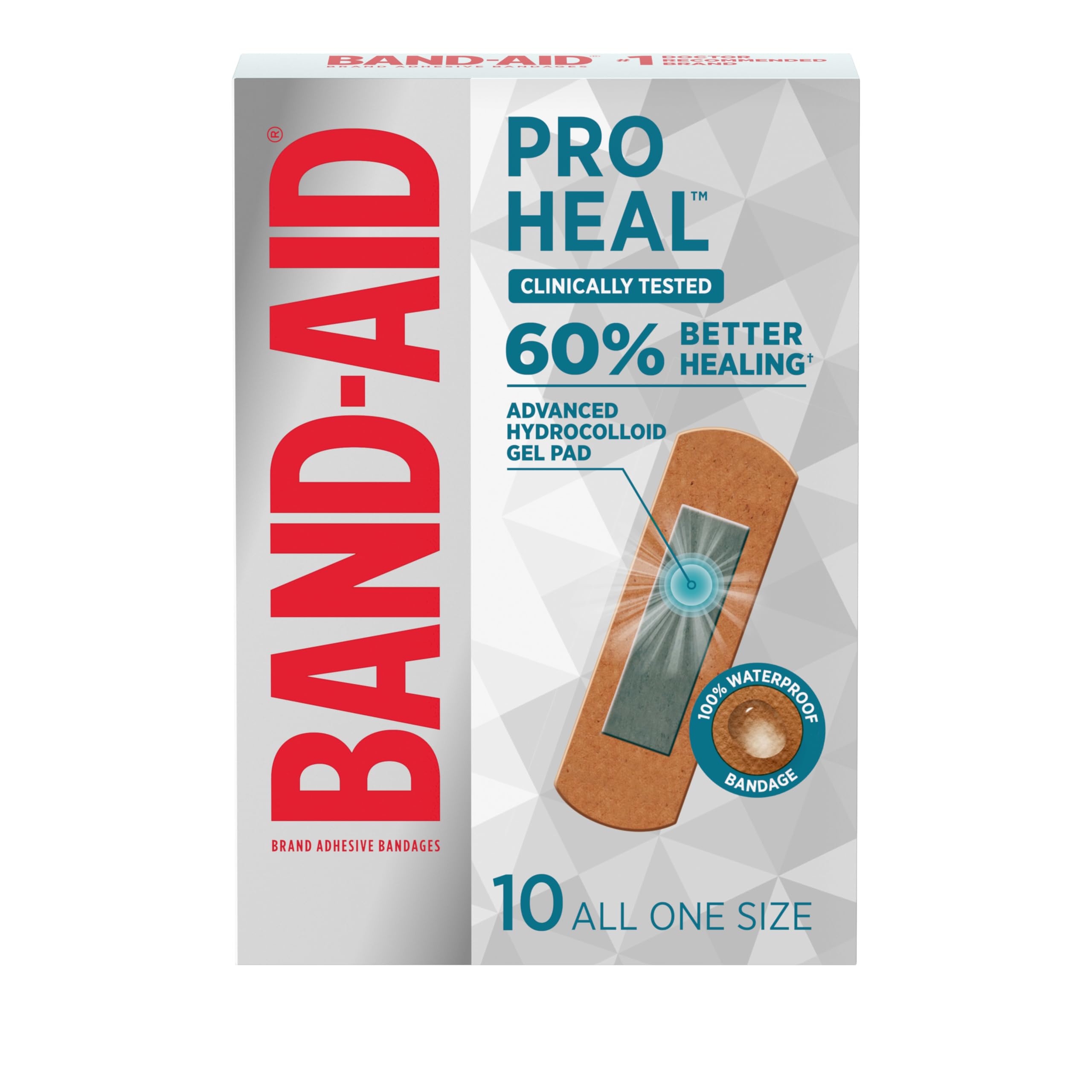Band-AID Brand Pro Heal bandaże samoprzylepne z podkładką żelową hydrokoloidową, testowane klinicznie, lepsze gojenie drobnych ran, wodoodporne bandaże, kwalifikujące się do FSA/HSA, jeden rozmiar, 10