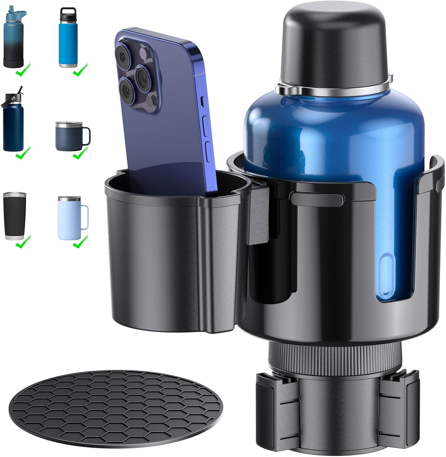 Upgraded 2-in-1 Car Cup Holder Expander, Cup Adapter for Car with Offset Option,Phone Holder - Adjustable Base,Versatile Car Accessories Fits Yeti,Hydroflask & Large Water Bottles in 2.2"-4.2" (Black)