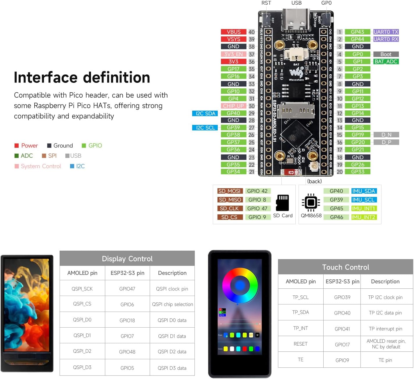 Waveshare ESP32-S3 1.91inch AMOLED Display Development Board, 240×536, 32-bit LX7 Dual-core Processor, Up to 240MHz Frequency, with Touch Function, with Pre-Solder Header