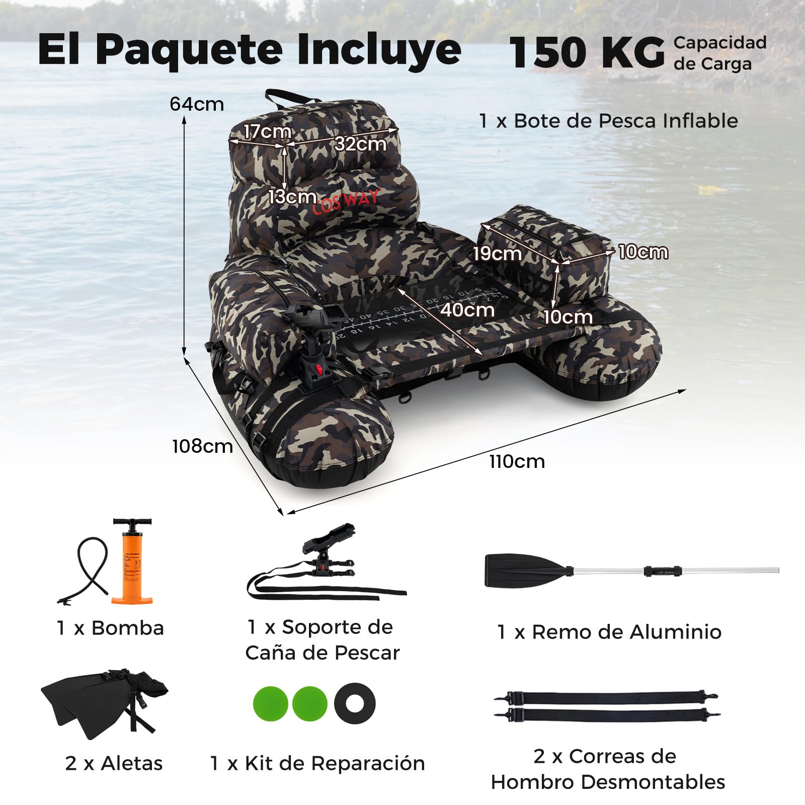 COSTWAY Flotador de Pesca Inflable, Bote Portátil con Remo, Bomba, Aletas, Soporte para Caña de Pescar, Regla para Peces, Almacenamiento, Capacidad 150 kg, Ideal para Adultos en Lagos y Ríos
