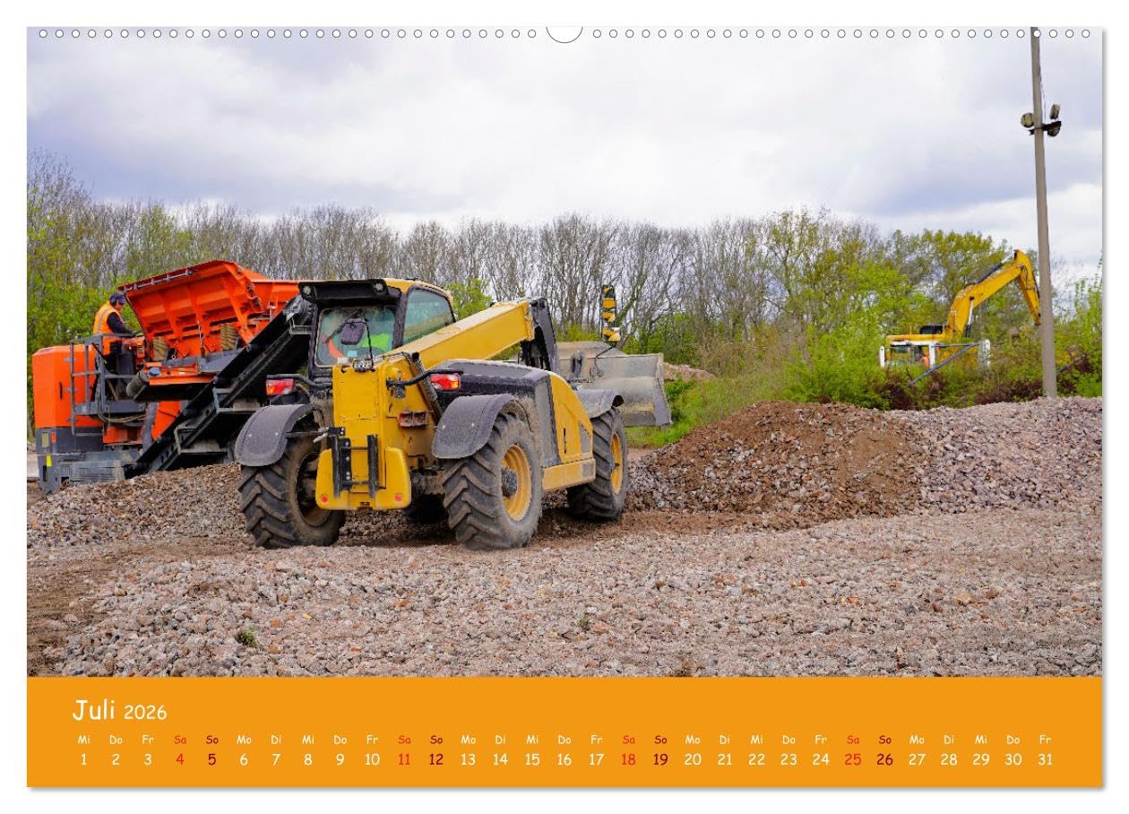 Baumaschinen im Einsatz (hochwertiger Premium Wandkalender 2026 DIN A2 quer), Kunstdruck in Hochglanz: Kran,Bagger,Walze,Raupe und LKWs auf einer Großbaustelle (CALVENDO Orte)