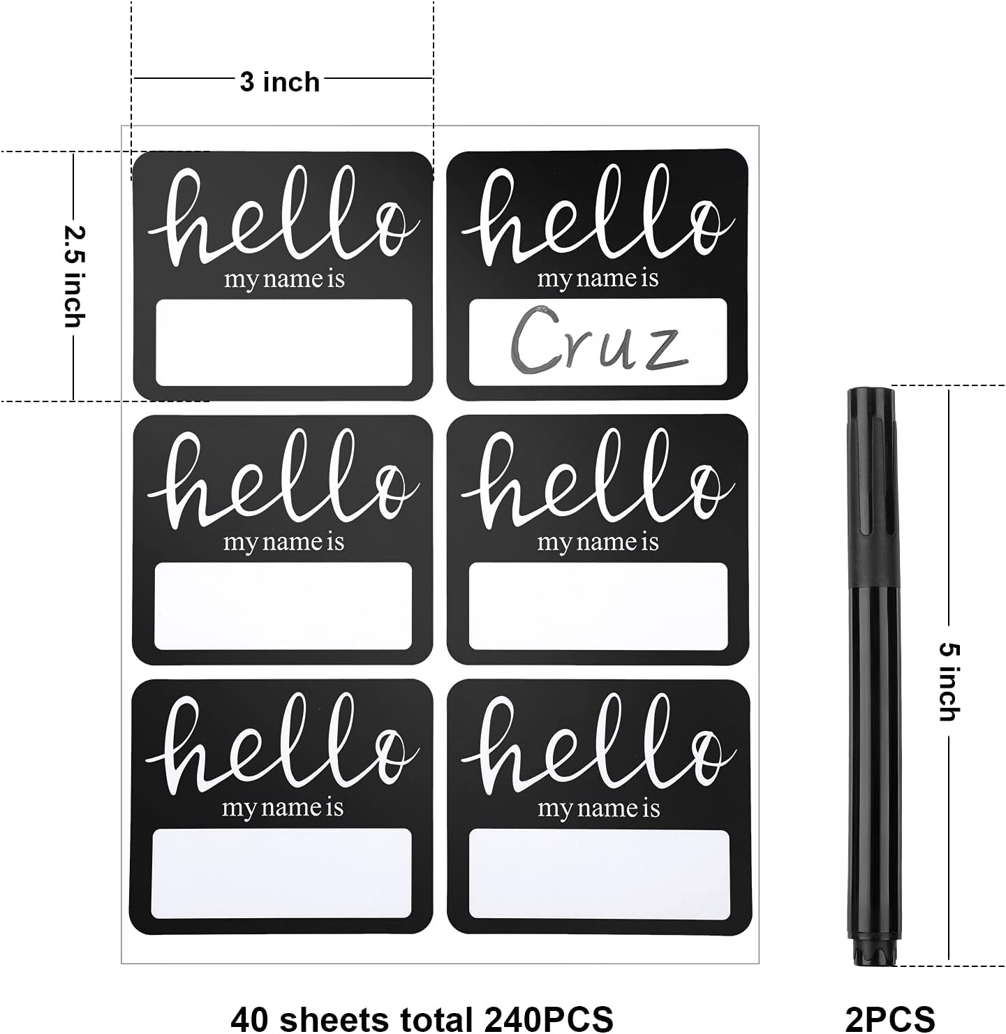 Hello My Name is Stickers, Name Tag Stickers with Black Marker Pen, Hello Name Tags Baby Kids Name Sticker Labels for Home Classroom School Conferences Office and Mailing (240 Pieces)