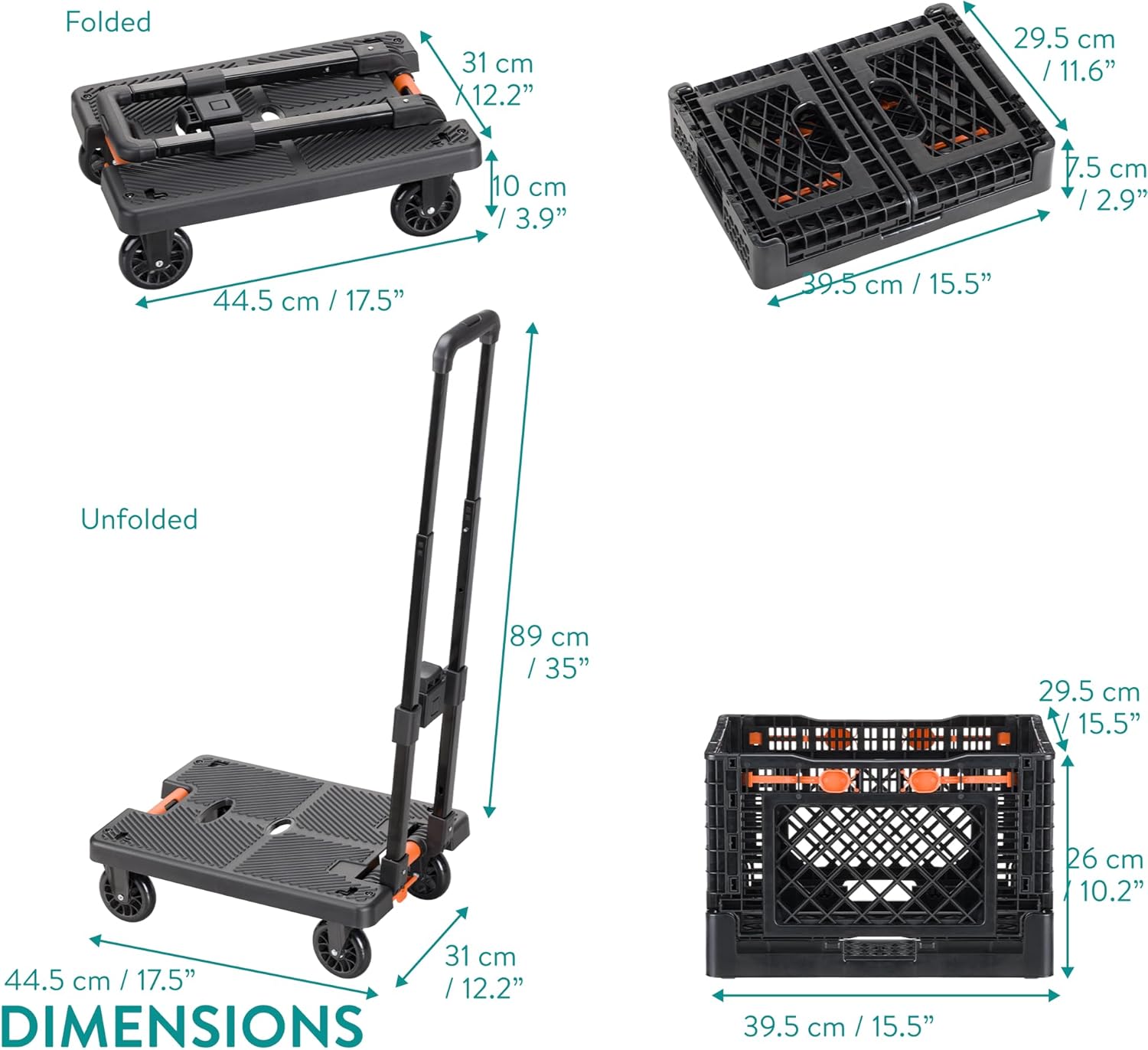 Navaris Folding Sack Truck with Transport Basket - Loadable up to 50 kg (110 lbs) - Rubber Wheels - Foldable Trolley with Tensioning Strap - Transport Trolly with Rain Cover