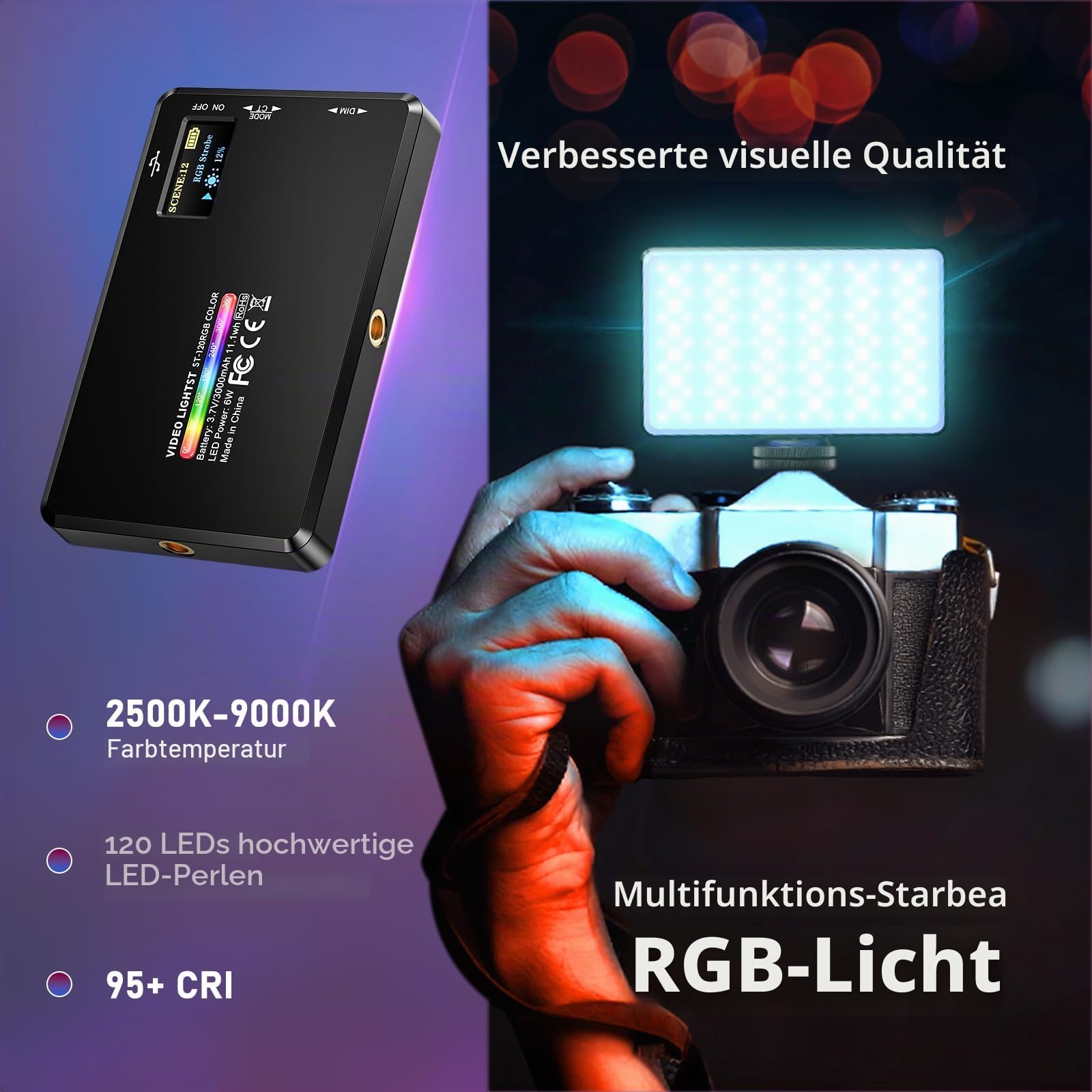 RGB LED Videoleuchte, Tragbares Selfie Licht mit 2500K–9000K, HUE 0–359°, 20 Lichteffekten, CRI 95+, Mini Fotolicht mit Clip & Tischstativ für Handy/Kamera/Laptop