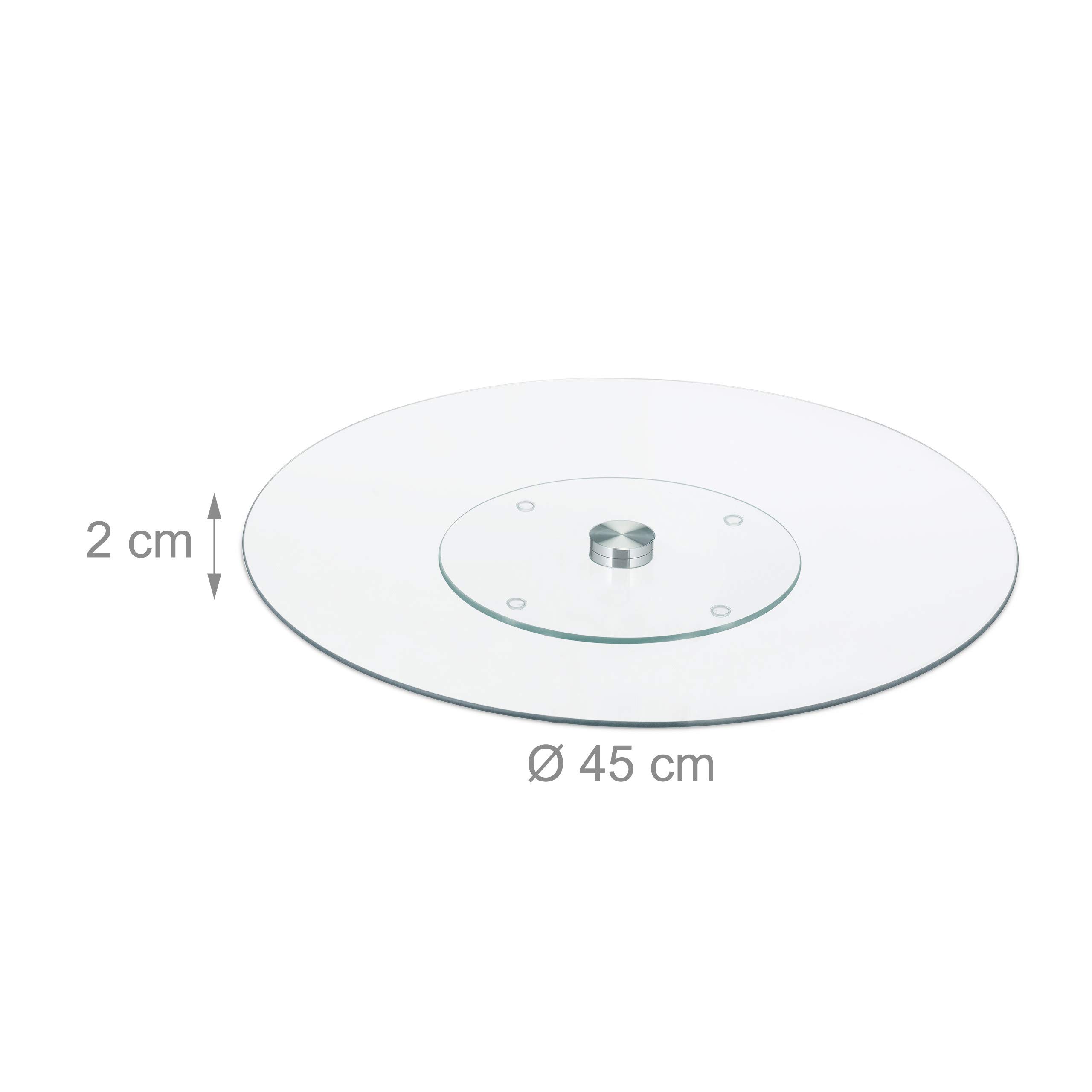 Relaxdays Juego de 4 Platos para Servir, Giratorio 360°, Queso, Aperitivos, Pasteles, Redondo, diámetro 45 cm, Soporte de Cristal, Transparente/Plateado