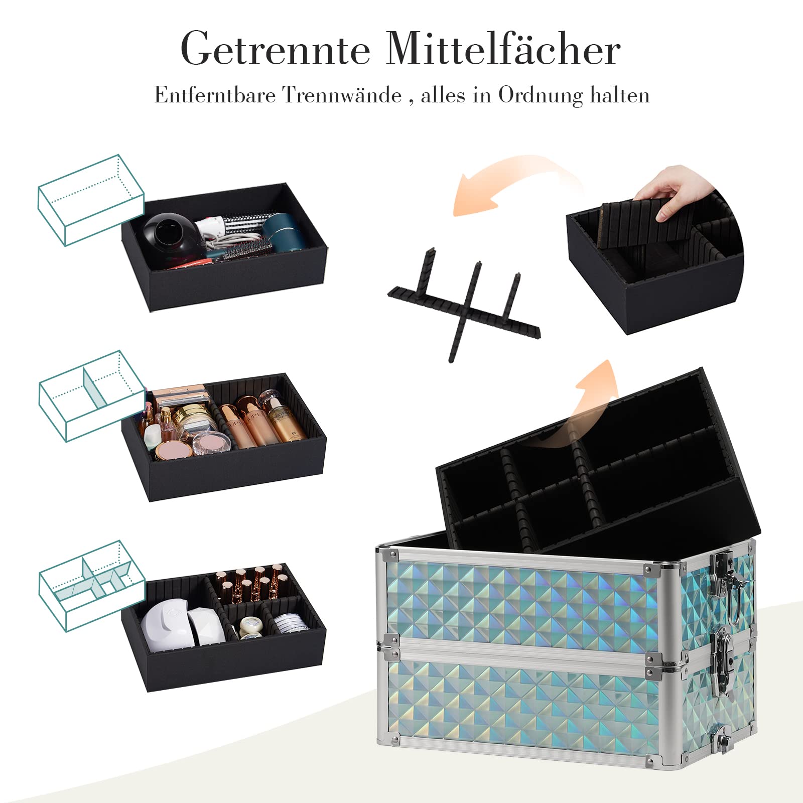 Kosmetikkoffer Trolley 4-in-1 Groß Make up Koffer mit Rollen Alu Beauty Case Aquamarin