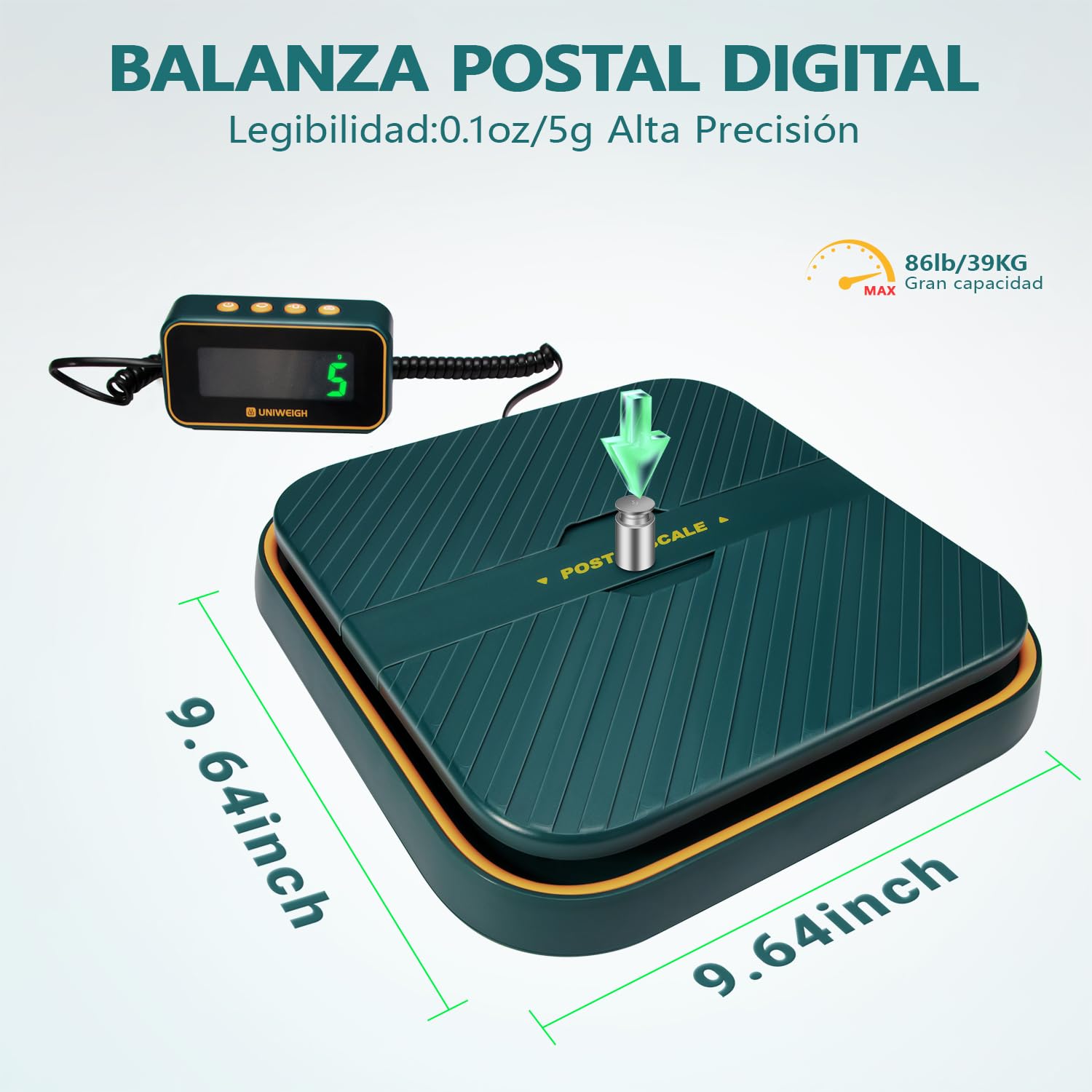 UNIWEIGH Básculas Postal Digital 39kg/86lb,Balanza para Envíos de Paquetes,Balanza Postal con Función de Retención/Tara,Básculas Postal para Oficina/Almacén/Carta,Incluye Baterías y Cable USB,Verde