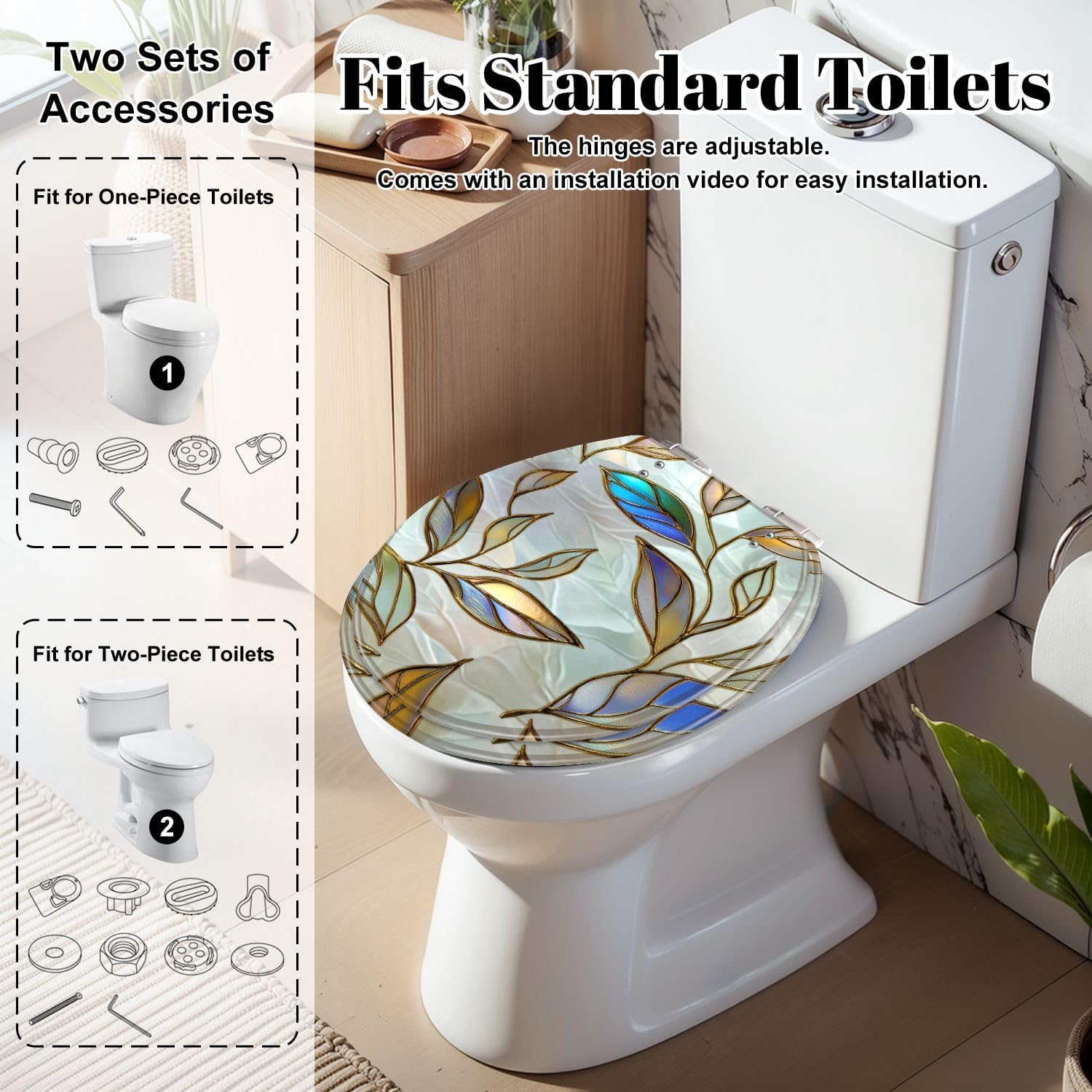 Round Toilet Seat Leaves stylized mother pearl seamless texture 3d Resin Toilet Seat Slow Quiet Close Lid with Quick-Release Hinges Cover Bumpers Easy to Clean Install