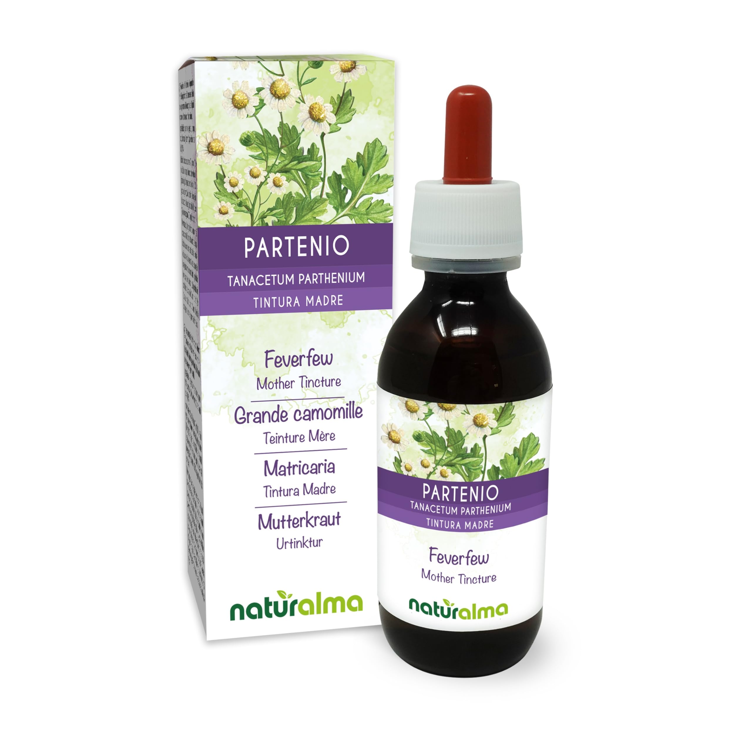 Feverfew (Tanacetum parthenium) herb with Flowers Alcohol-Free Mother Tincture Naturalma - Liquid Extract Drops 120 ml - Food Supplement - Vegan