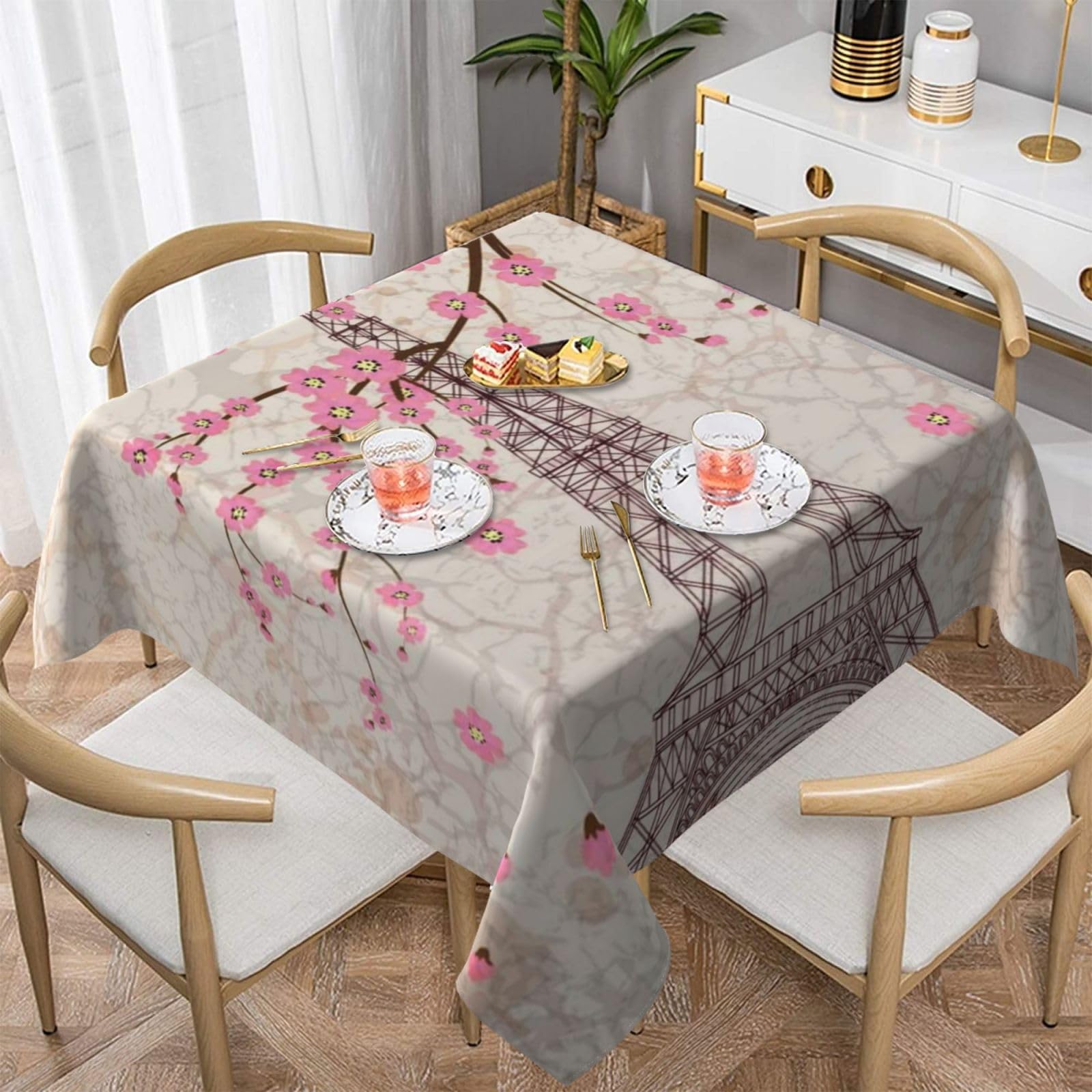 DCEHGEW Eiffel Tower Prints Square Tablecloth 137x137 CM, Waterproof Fabric Table Cloth for Dining Table, Farmhouse Table Cover for Kitchen Dining Tabletop Decoration