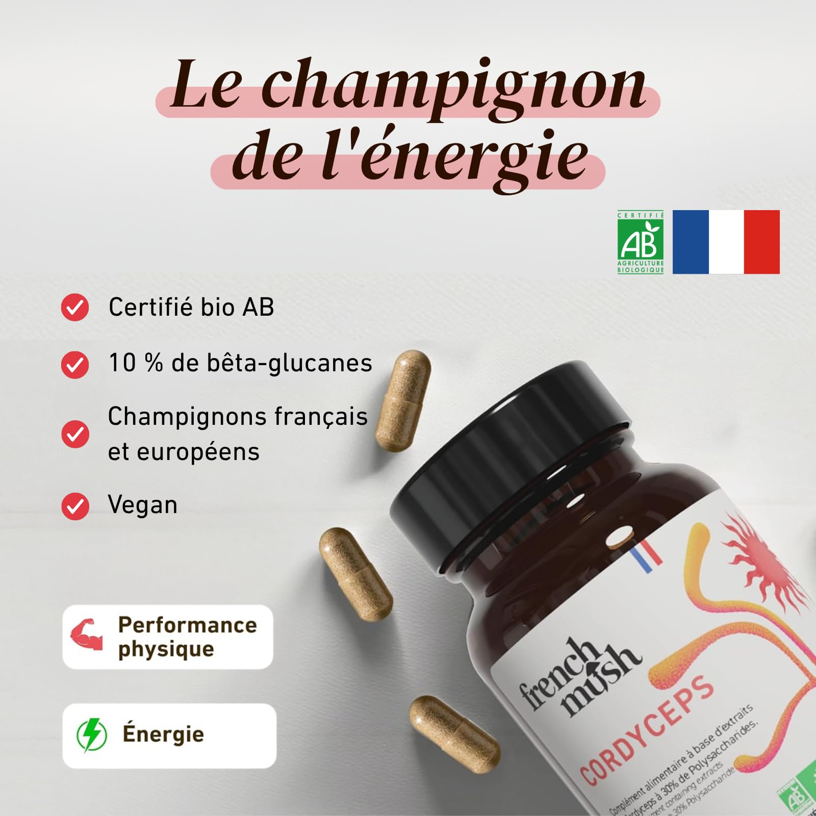 Cordyceps Bio - 56 Gélules Vegan - Champignon Pour Bien-Être, Performances Physiques, Énergie - 1 à 2 Gélules Par Jour - Complément Cordyceps Mushroom, Fabriqué en France
