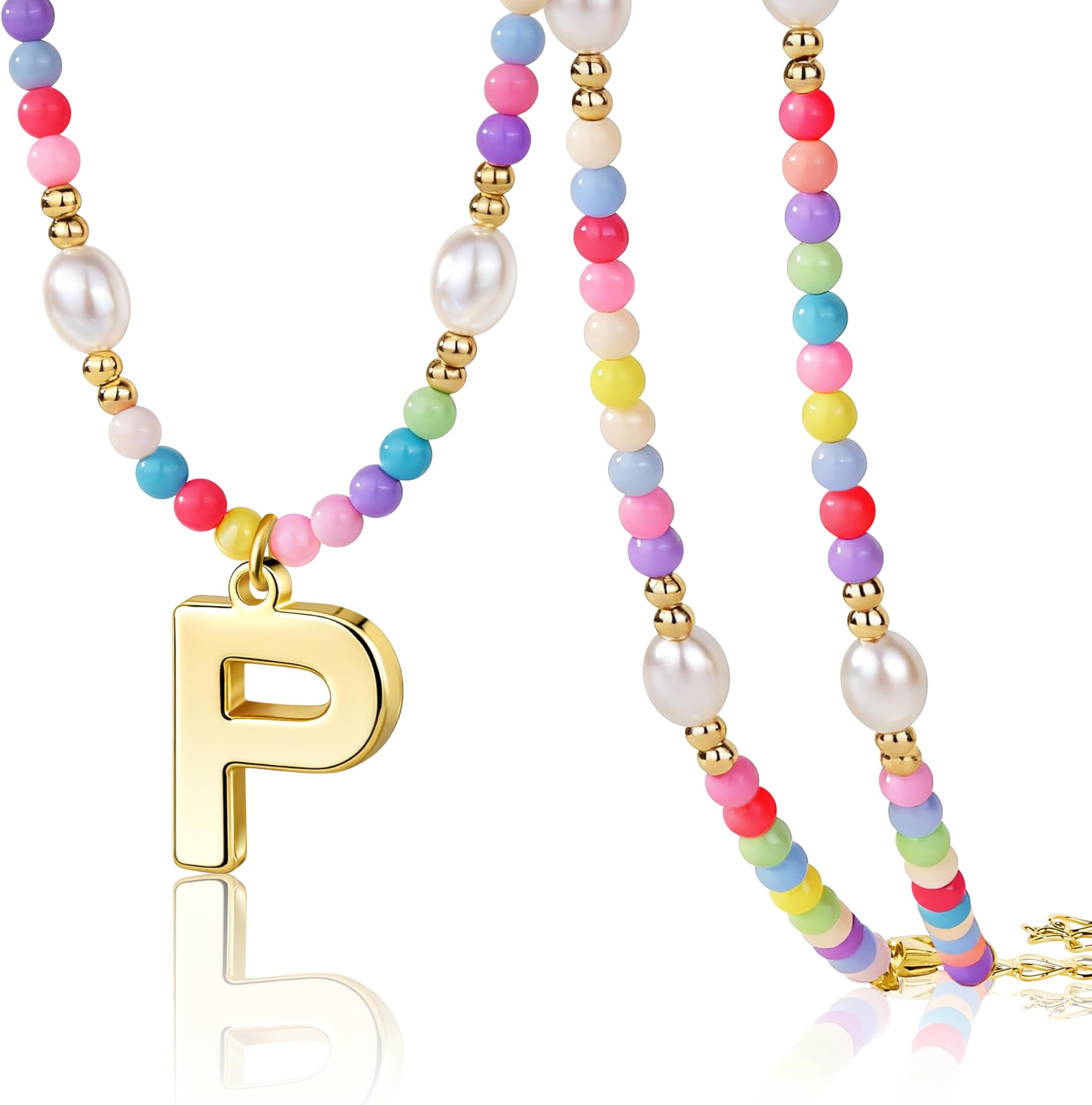 Personalized Initial Necklace for Women Teen Girls – Cute Preppy Colorful Rainbow Beaded Pearl Choker with Letter Pendant, Dainty Summer Beach Aesthetic Jewelry Gift for Kids, Teens, Women, Birthday