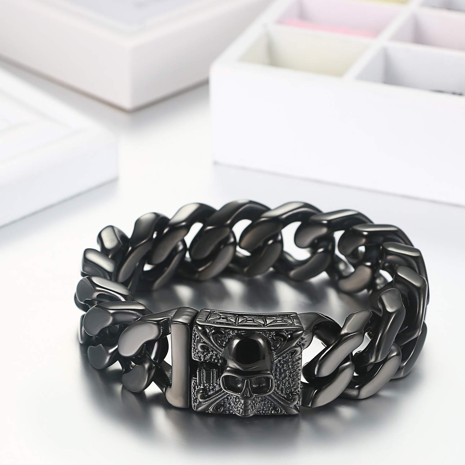 Flongo Pulsera De Acero Inoxidable Para Hombre: Brazalete De Eslabones Negros Estilo Hip Hop - Pulsera De Calavera Estilo Punk Rock Motero