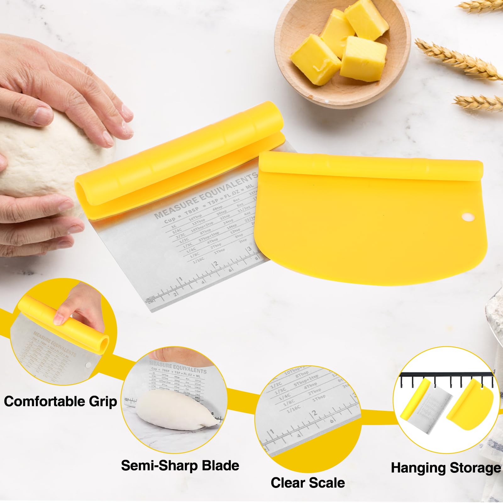 3 Pièces Grattoir à Pâte Spatule Inox 15/20/25cm - Corne De Boulanger Anti-adhérent Avec Graduation