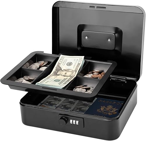 Miniatura 8 de Jssmst - Caja para dinero mediana con cerradura de combinación, caja de metal duradera con bandeja para dinero, color azul claro, 7.87 x 6.3 x 3.35