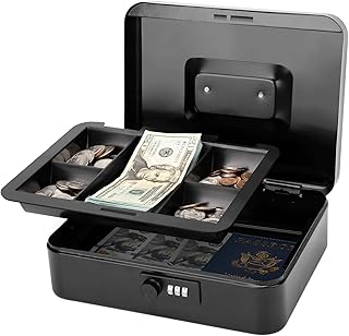 Jssmst Large Cash Box with Combination Lock – Durable Metal Cash Box with Money Tray Black(9.8 x 7.9 x 3.5), SM-CB07001L