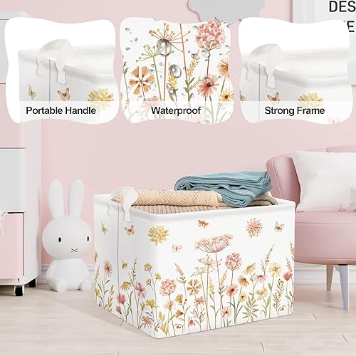Miniatura 4 de Clastyle Cesta de almacenamiento rectangular con diseño de mariposas y flores bohemias para niña, color blanco, 36L