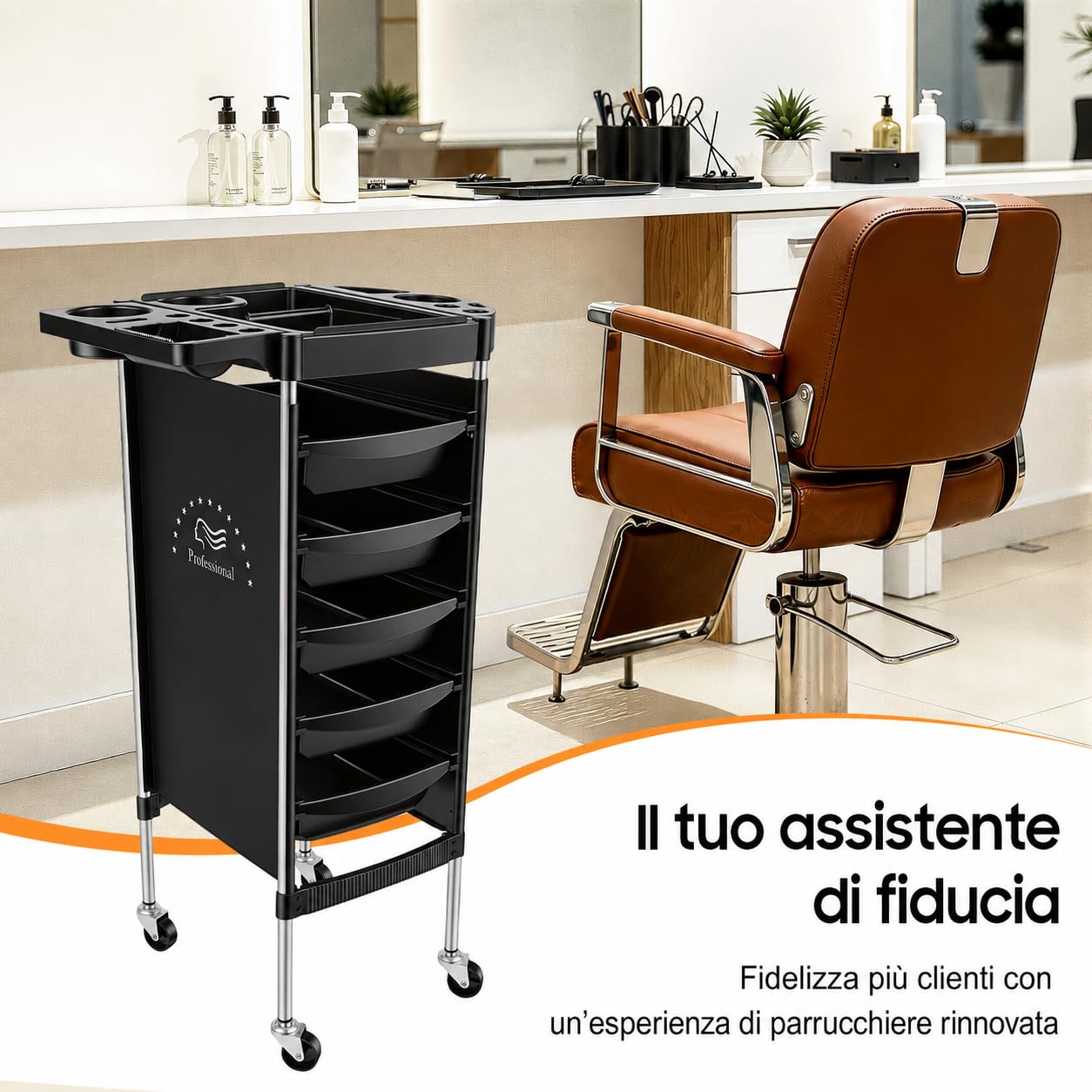 Carrello da Parrucchiere con Ruote, 36 x 85,5 cm, 5 Cassetti, Rettangolare, 6-Etagen Carrello Estetista con Aperture Multiple per Parrucchieri, Gioielli, Cosmetici, Salone di Bellezza, SPA