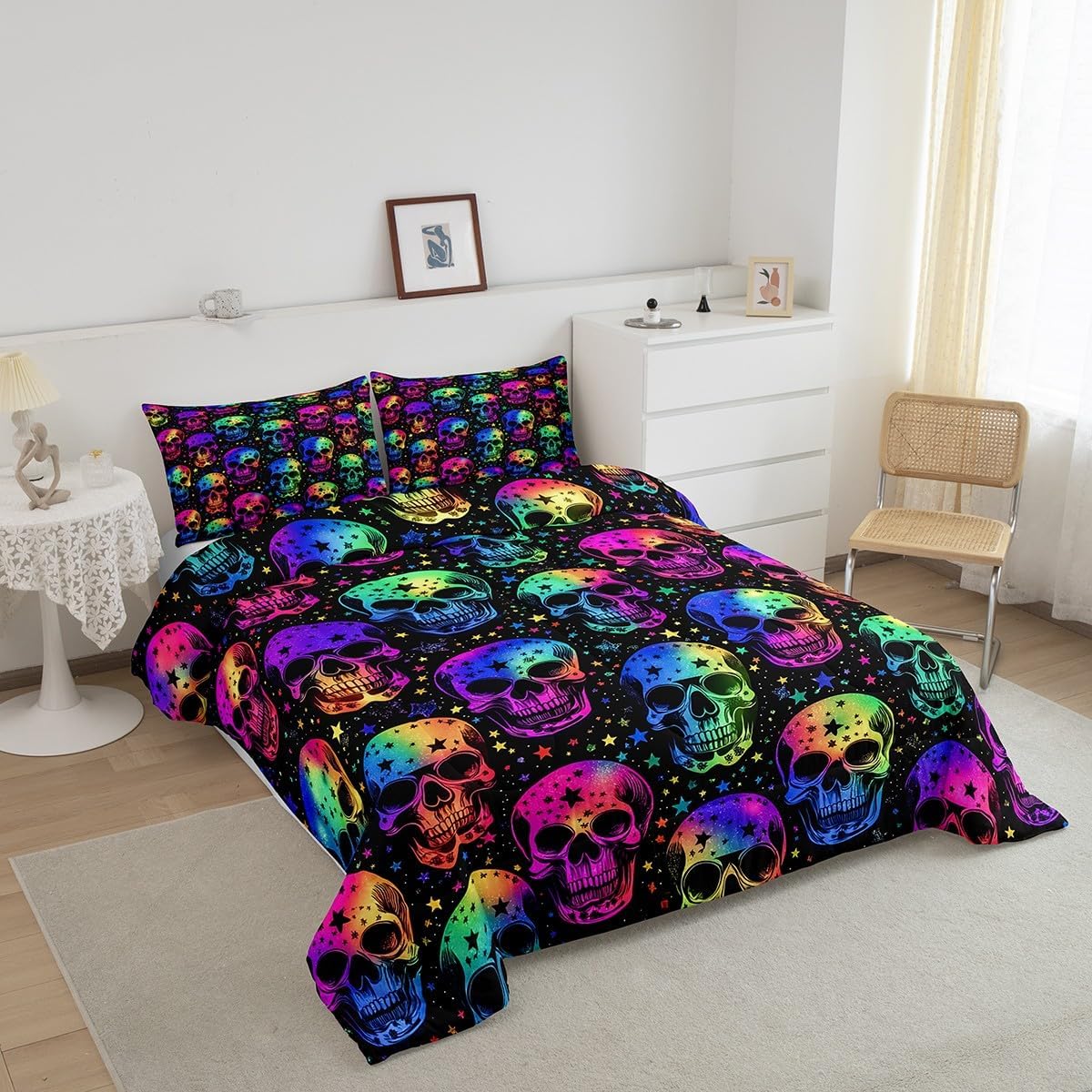 Gothic Skull Bedding Set King Sugar Skull Print Bedding Comforter Sets Rainbow Gradient Galaxy Duvet Insert Colorful Glitter Stars Quilted Comforter Boys Girls Kids Teens Halloween Room Decor