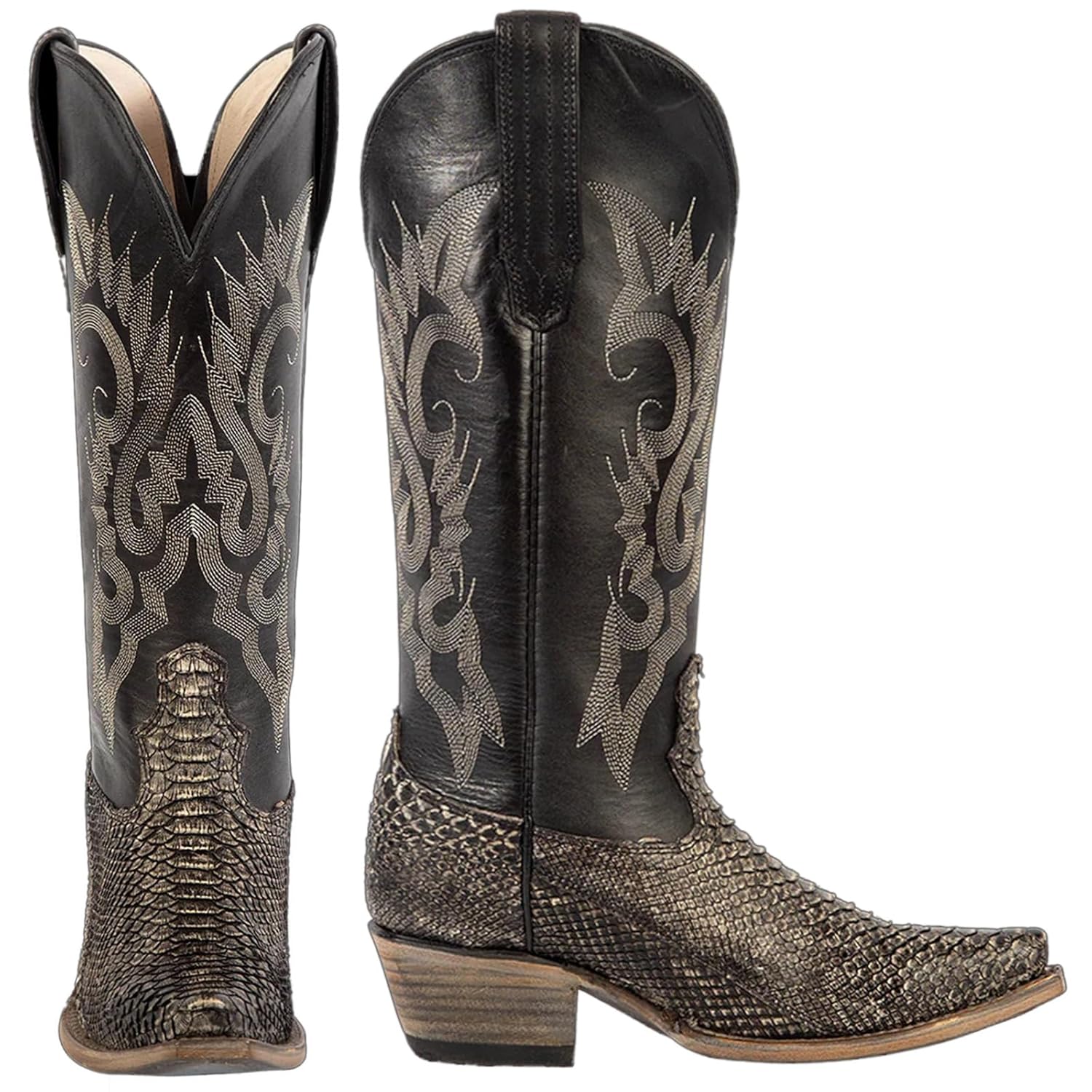 KISTANIA Cowboy Boots for Women Mid Calf Western Boots with Snakeskin Embroidery