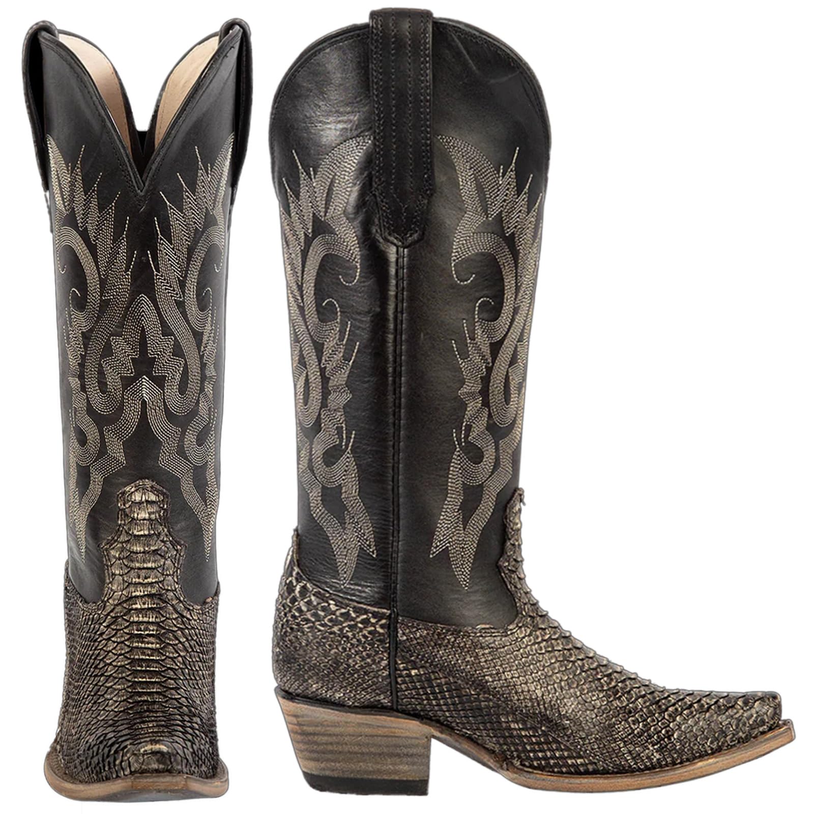 KISTANIA Cowboy Boots for Women Mid Calf Western Boots with Snakeskin Embroidery