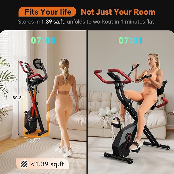 Foldable Exercise Bike for Home - 10dB Quiet Stationary Bike with Ergonomic Backrest, 300LB Capacity, Arm Resistance Bands, and Heart Rate Monitor for Indoor Small Apartment Cardio