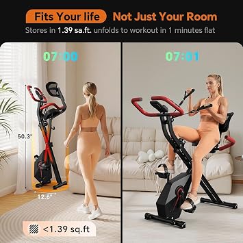 Foldable Exercise Bike for Home - 10dB Quiet Stationary Bike with Ergonomic Backrest, 300LB Capacity, Arm Resistance Bands, and Heart Rate Monitor for Indoor Small Apartment Cardio