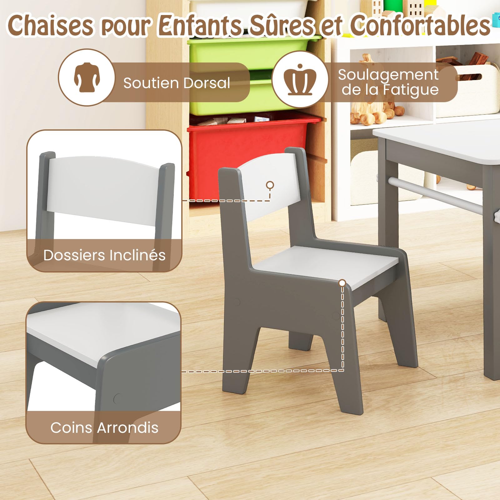 COSTWAY Bureau Enfant en Bois avec 2 Chaises & Rouleau de Papier, Table Enfant avec 4 Bacs en Tissu & 4 Compartiments & Étagères Ouvertes, Table à Dessin pour 3 Ans+, Charge 50/60kg (Gris)