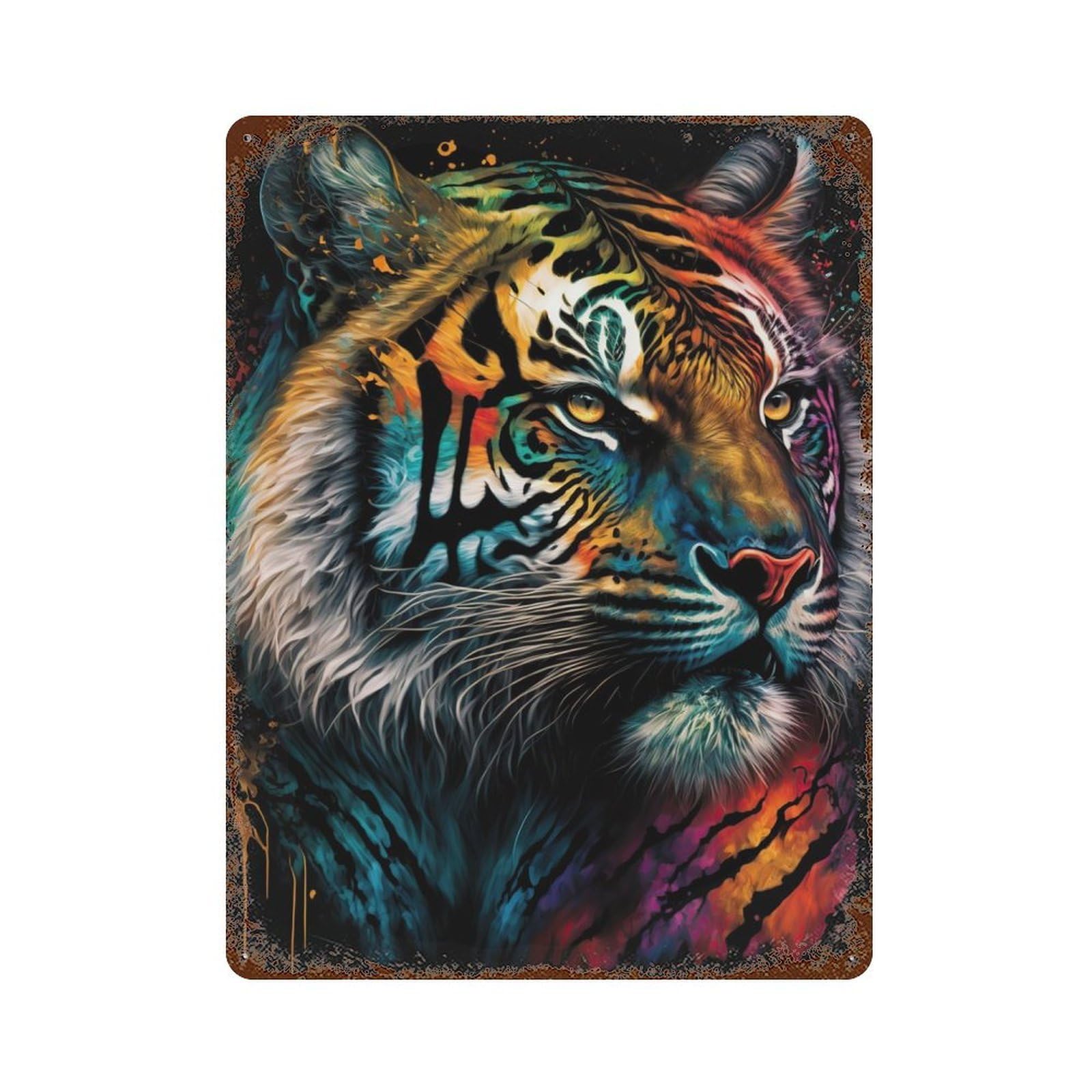 Tiger Colorful Rust Effect Tin Sign 15.7"x11.8", Ideal for Cafe, Home Bar And Lounge Decor