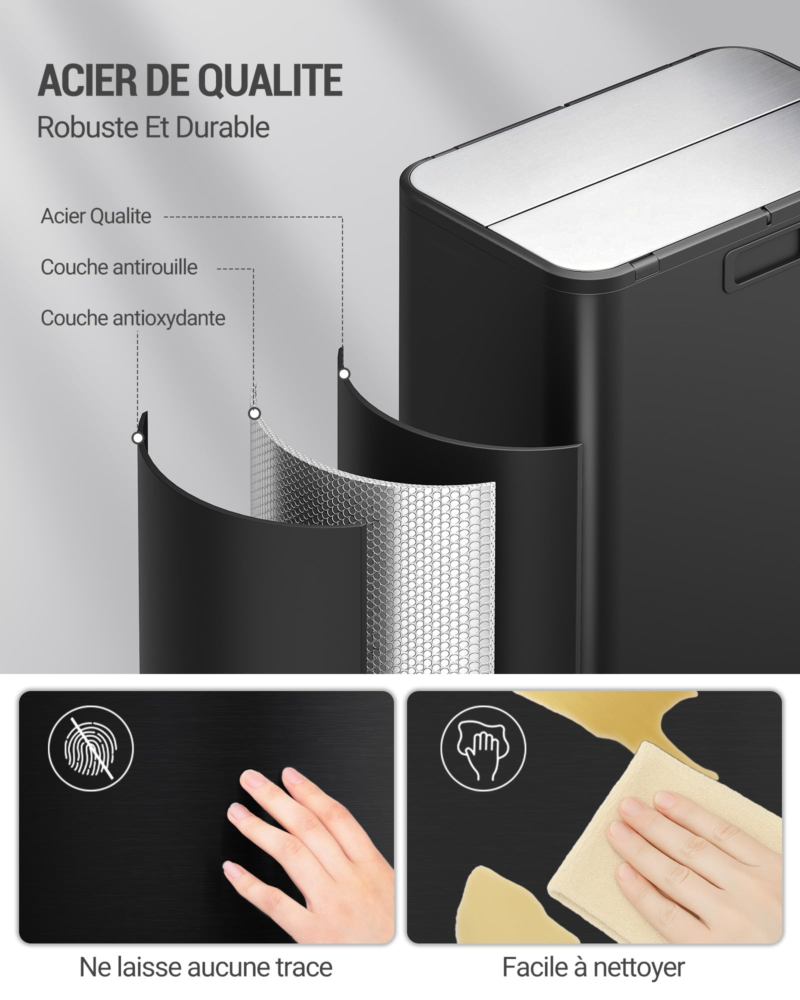 Hzuaneri Poubelle de Cuisine, Poubelle Double Compartiment Étroite de 2 x 28 Litres, Système de tri des Déchets de Cuisine, Livrée avec 15 sacs Poubelle adaptés, Noir SW22899B