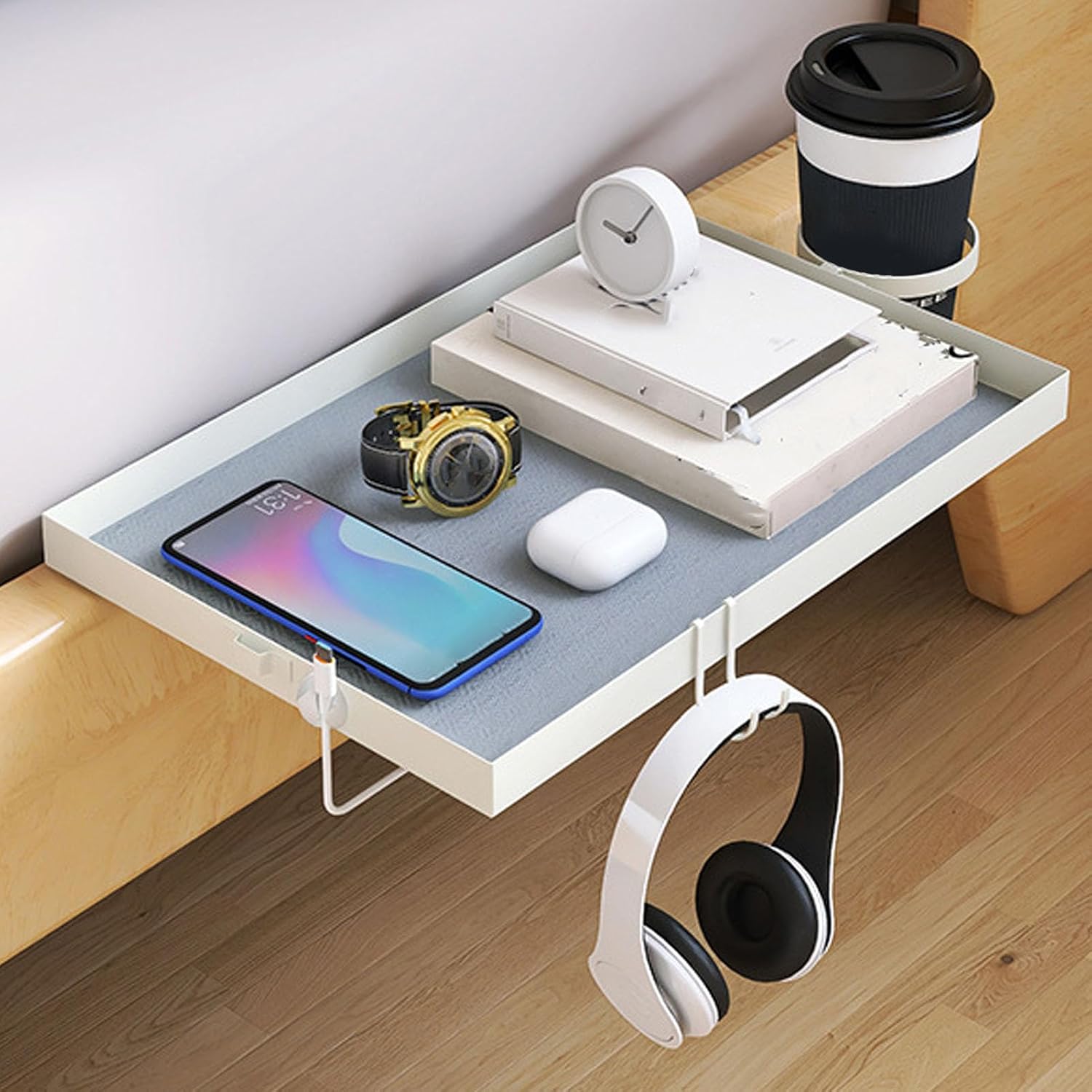 ZJchao Bedside Shelf, On Bunk Bed Tray with Cup Holder and 2 Hooks, for Dorm Room Home Office Sturdy Carbon Steel Shelf Hanging Design Supports 30lbs (White)