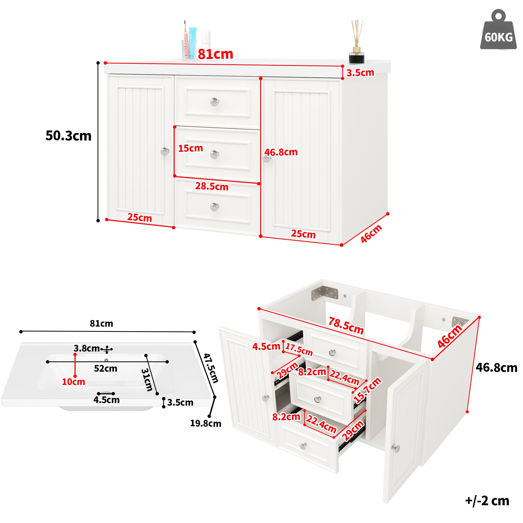 Merax Mueble bajo lavabo, armario bajo, mueble de baño, armario bajo lavabo con 4 cajones y 1 puerta, lavabo colgante, estilo moderno, conjunto de muebles de baño, con lavabo, color blanco