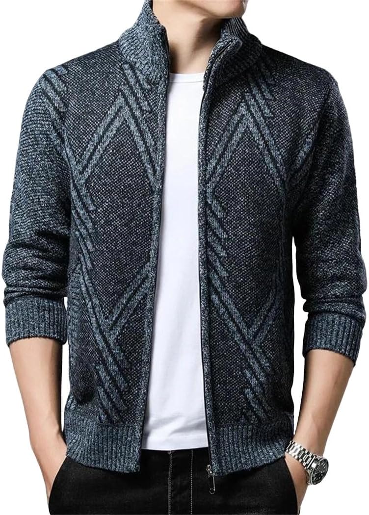Men’s Fleece-Lined Cardigan Sweater Outerwear Thick Cozy Full Zip Layered Knit Top