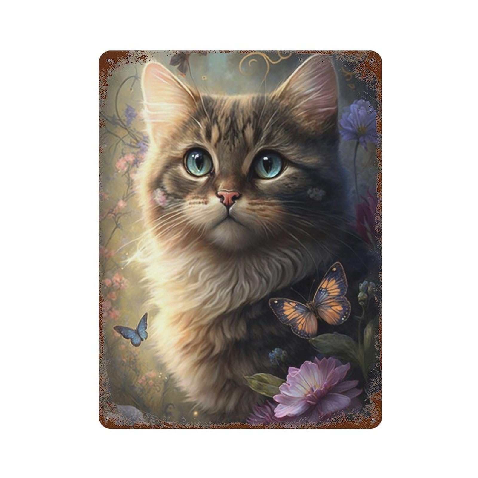Fantasy Cat with Butterflies Retro Metal Sign 15.7"x11.8", Shabby Chic Decor for Bistro, Counter And Cafe Decor