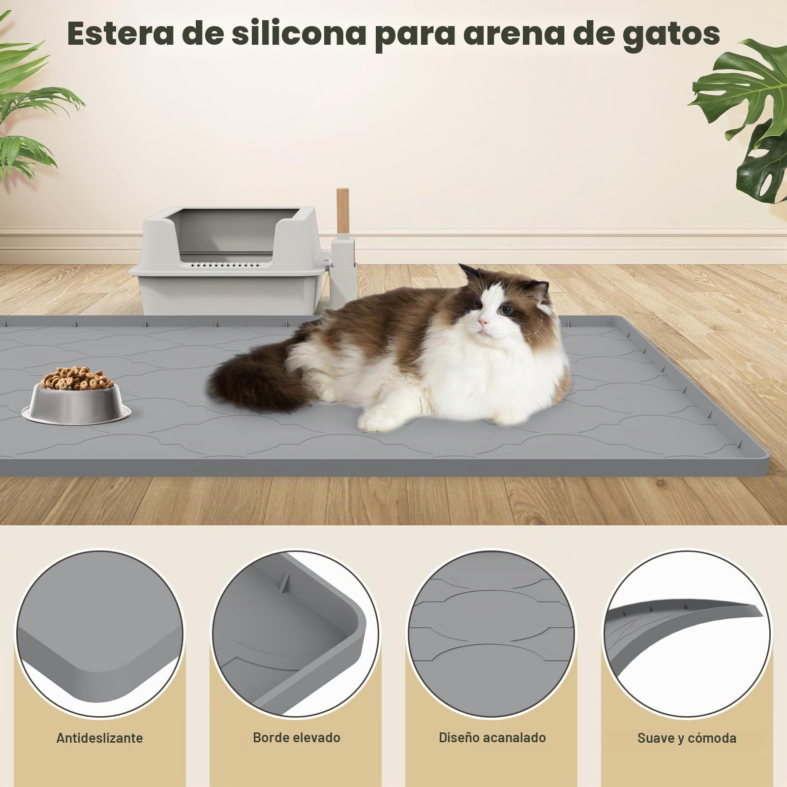 Alfombrilla Arena Gatos, Alfombrilla de Silicona Para Recoger Arena Para Gatos, Fácil de Limpiar Para Control de Derrames, Suave Para Patas de Gato (Plata, L 86 * 56cm)