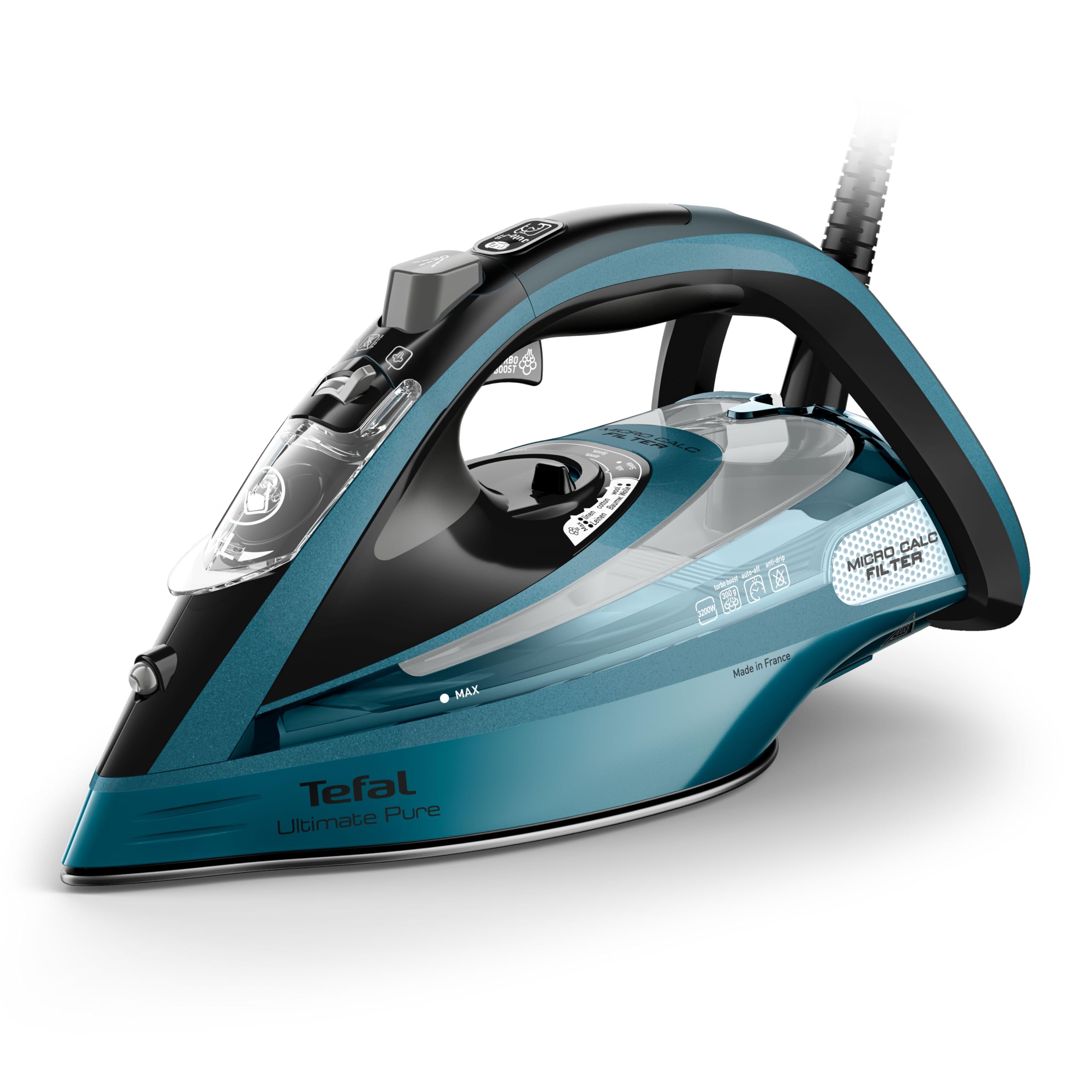 Tefal Ultimate Pure Dampfbügeleisen, 3200 Watt, kraftvoller Dampf, 300 g/Min. extra Dampfstoß, AutoClean Bügelsohle, Micro Calc, Abschaltautomatik, Tropfstopp, Schwarz/Blau, FV9851E0