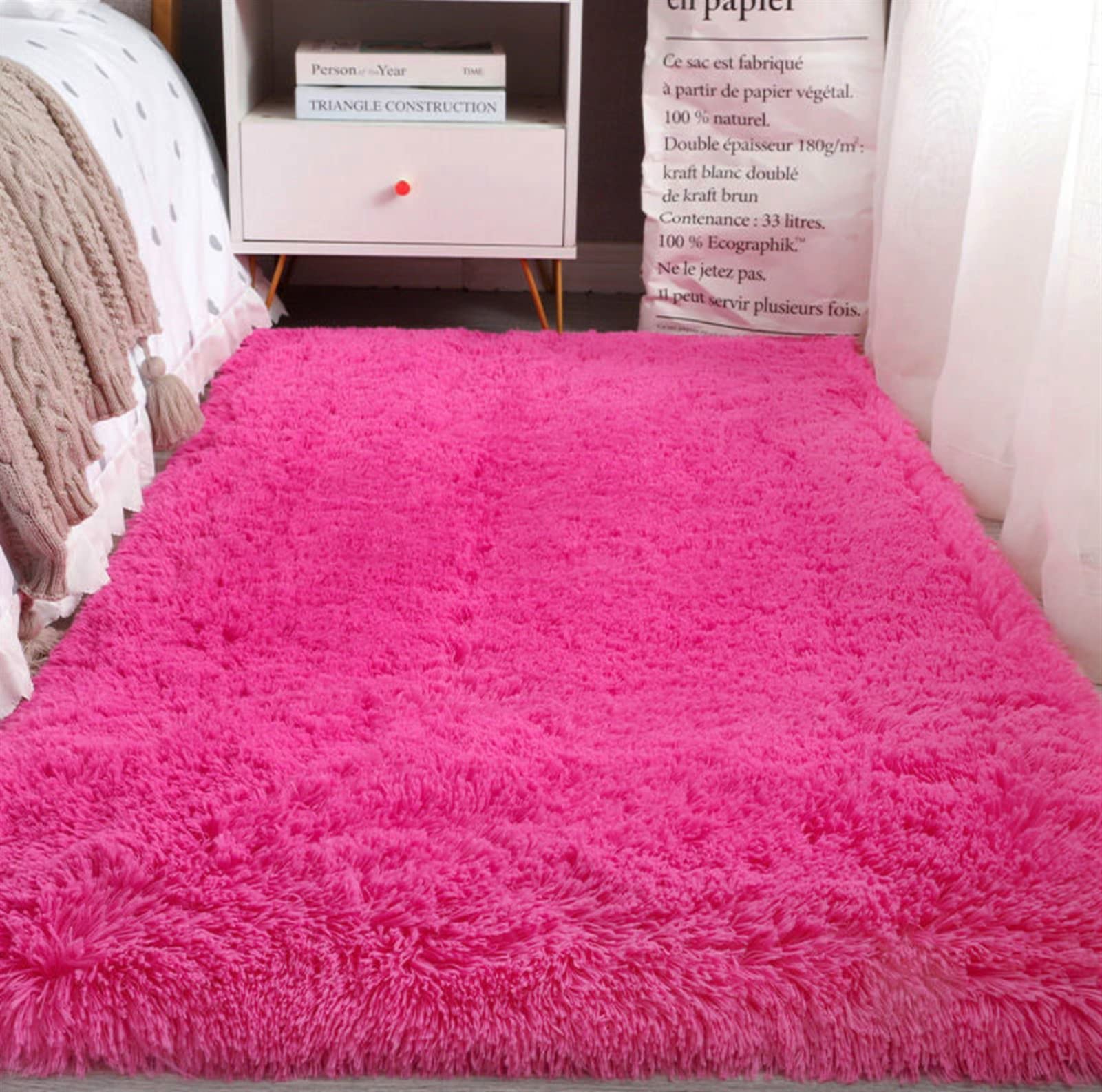 Heavyoff Fluffy Shaggy Area Rugs for Bedroom, Soft Non-Slip Plush Carpet Feet Floor Mats Rectangular Cozy Rug for Nursery Room Living Room Rose Red, 120x200cm — image 1