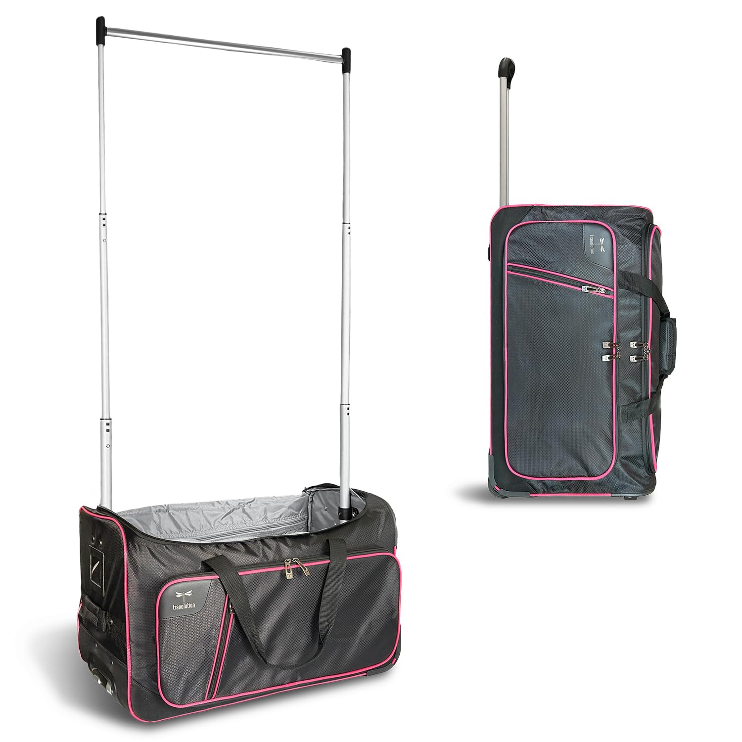 Sponsored Ad - Travolution Dance Bag with Garment Rack, 24 Inch Rolling Duffel With Wheels, Ideal for Competitions & Travel, Easy-assembly Lightweight Aluminum Clothes Rack, Wheeled Upright Luggage, Black/Pink