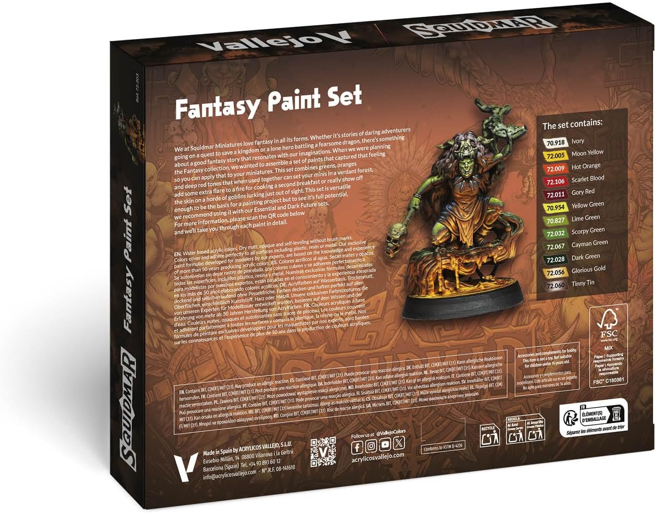 Vallejo - Squidmar Edition Fantasy Paint Set | High-Coverage Formula | Game and Model Color Ranges Assortment | Exclusive Miniature Included & Video Tutorial | 12 Bottles x 18 ml. (0.60 fl.oz.)