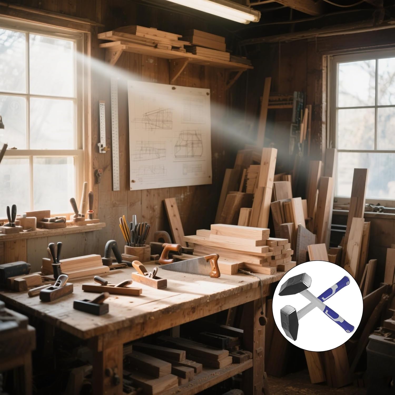 HOIGON 2 Pack 4.5 lb Blacksmith Hammer, Cross Peen Hammer with Fiberglass Handle for Metal Processing, Woodworking, Home Repair, Demolition