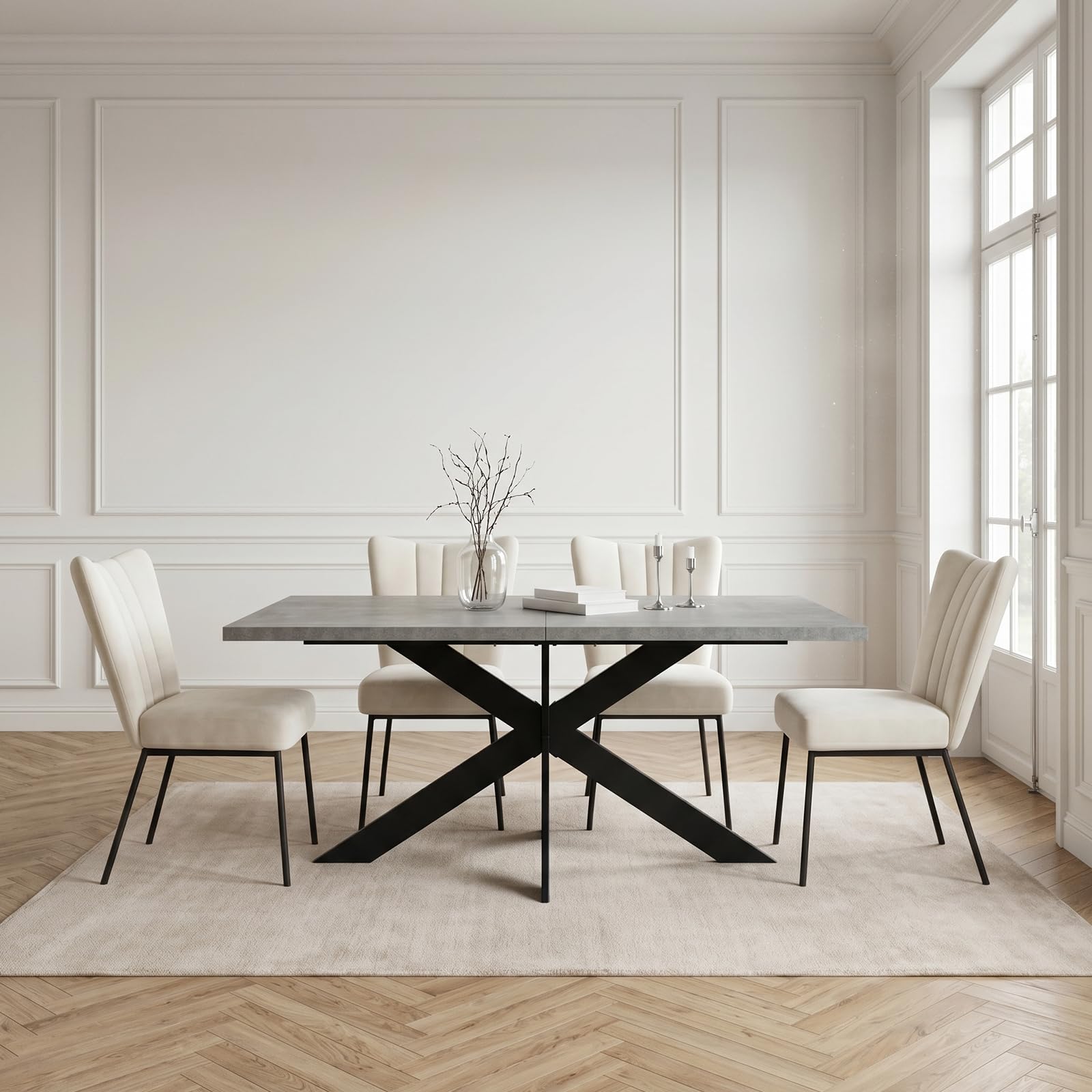 Nowoczesny 4-częściowy zestaw do jadalni, możliwość rozbudowy, 160 x 200 cm, z aksamitnymi krzesłami, współczesny design, do jadalni i kuchni, tablica DM.