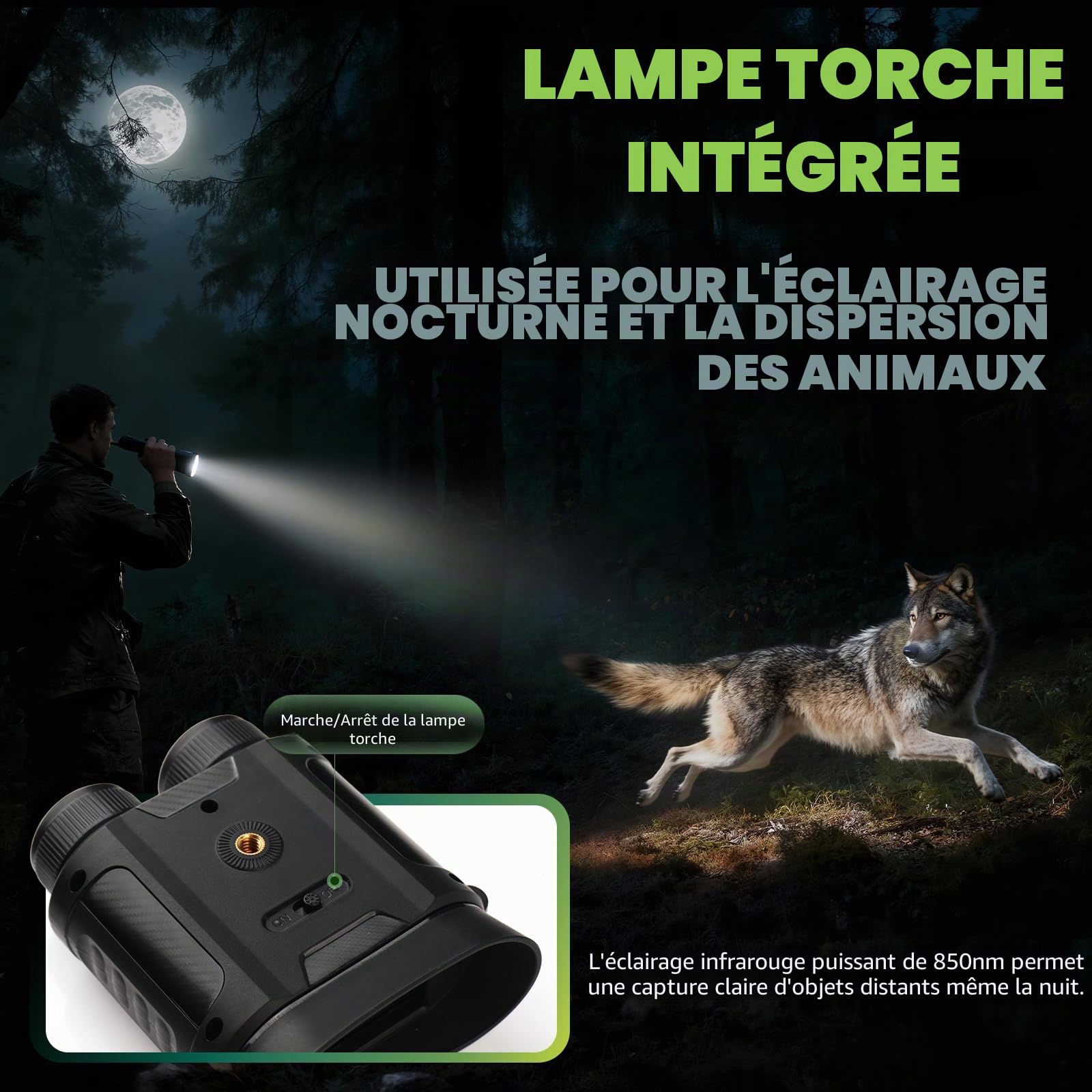 Jumelle Vision Nocturne 4K 48MP, Portée de Vision 300m, IR Réglable à 7 Niveaux, Zoom Numérique 8X, Écran HD 2,4’’ pour Chasse, Camping et Observation de la Faune