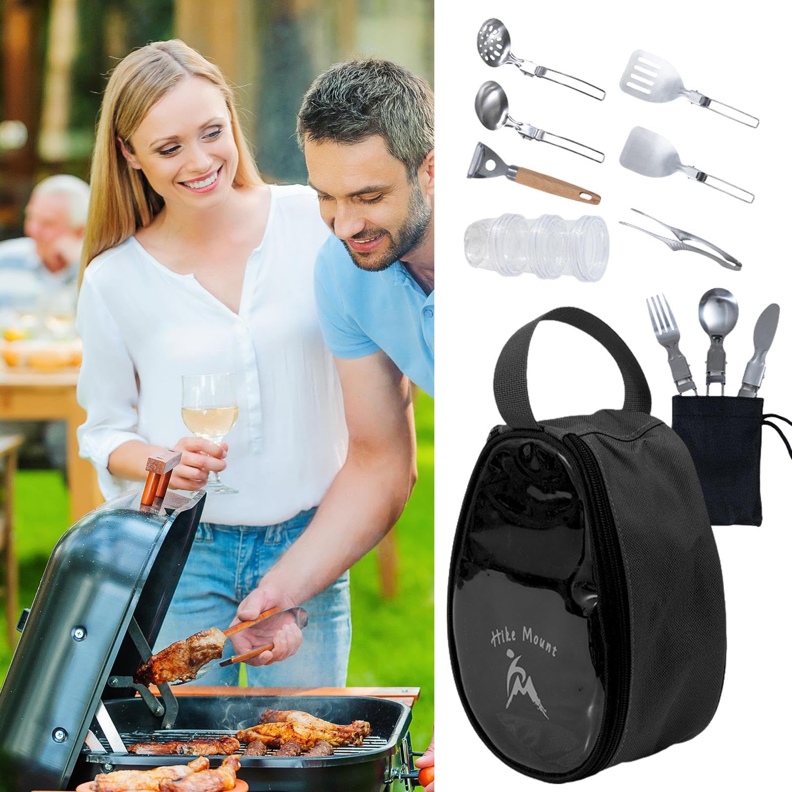 Set da cucina da campeggio, set di utensili da campeggio | Kit da campeggio per barbecue, ciotole e forchette da 11 pezzi | da campeggio potabili Borsa organizer pieghevole Kit di
