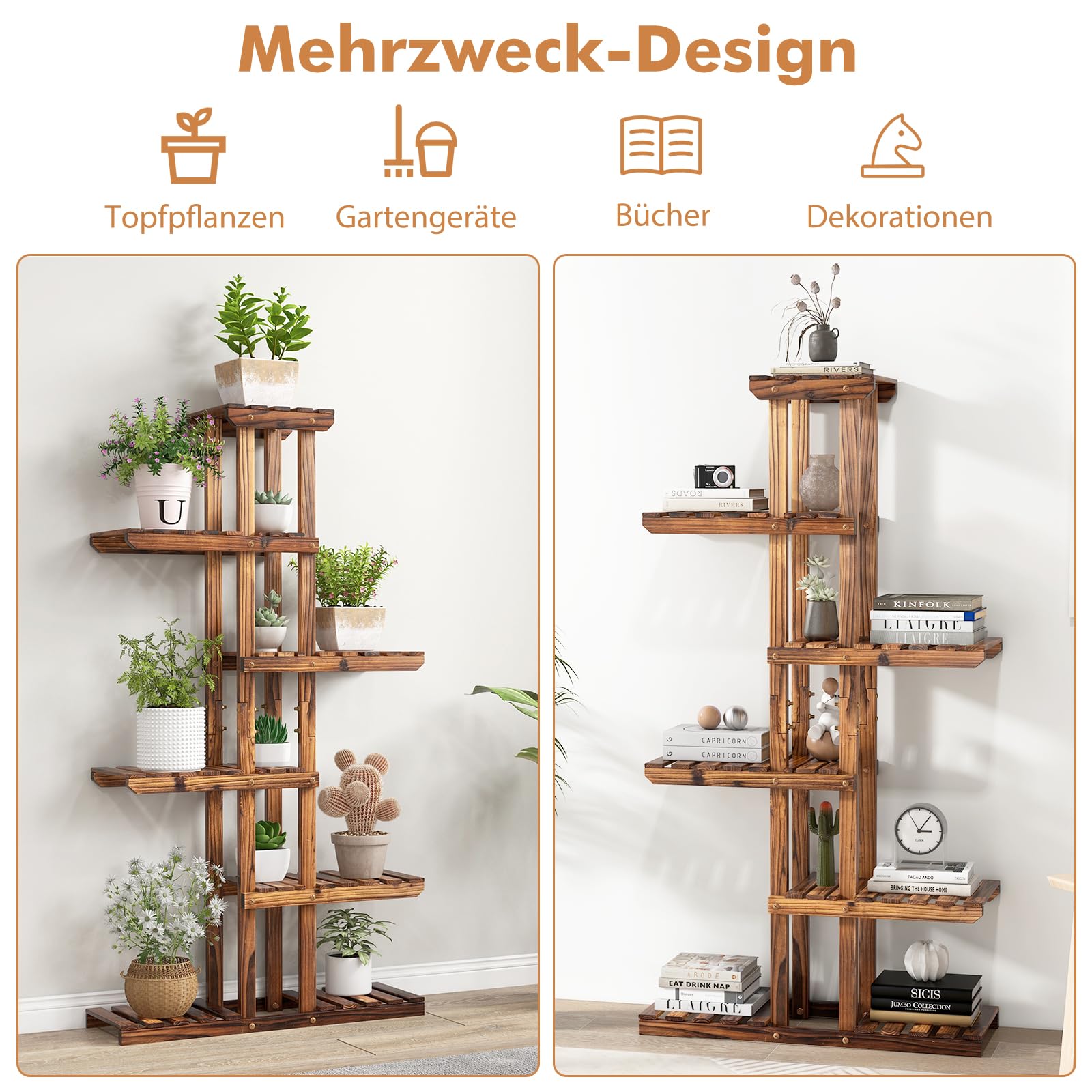 RELAX4LIFE Blumenständer Holz, Pflanzenständer 6 Ebenen, freisthendes Pflanzenregal für Wohnzimmer & Balkon & Garten, Blumenregal mit karbonisierter Textur, bis zu 60 kg belastbar (75 x 25 x 140 cm)